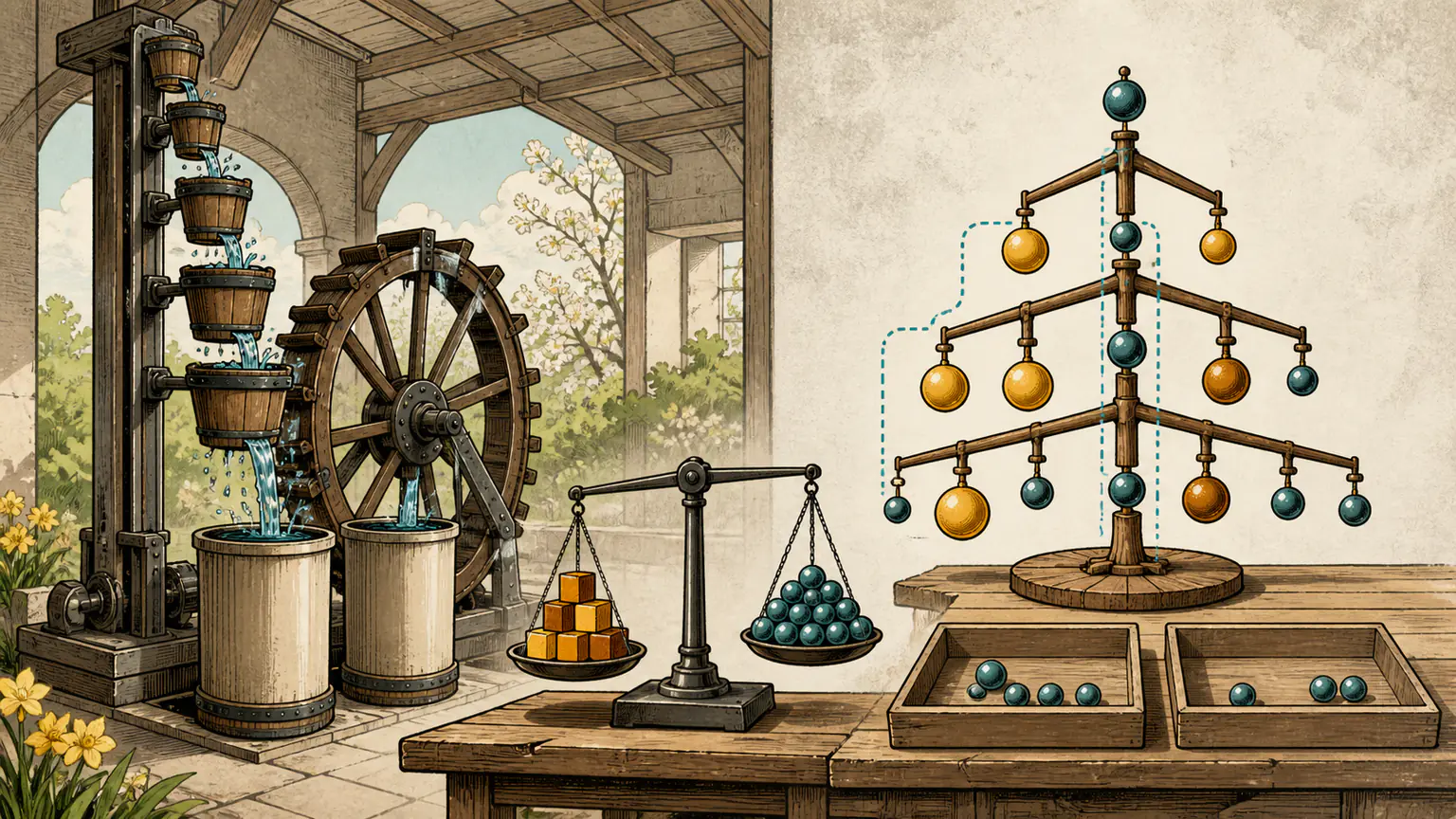 Upgradeable buckets fill vats in shared rounds while a binary orchard divides a limited connected chain of teal lights
