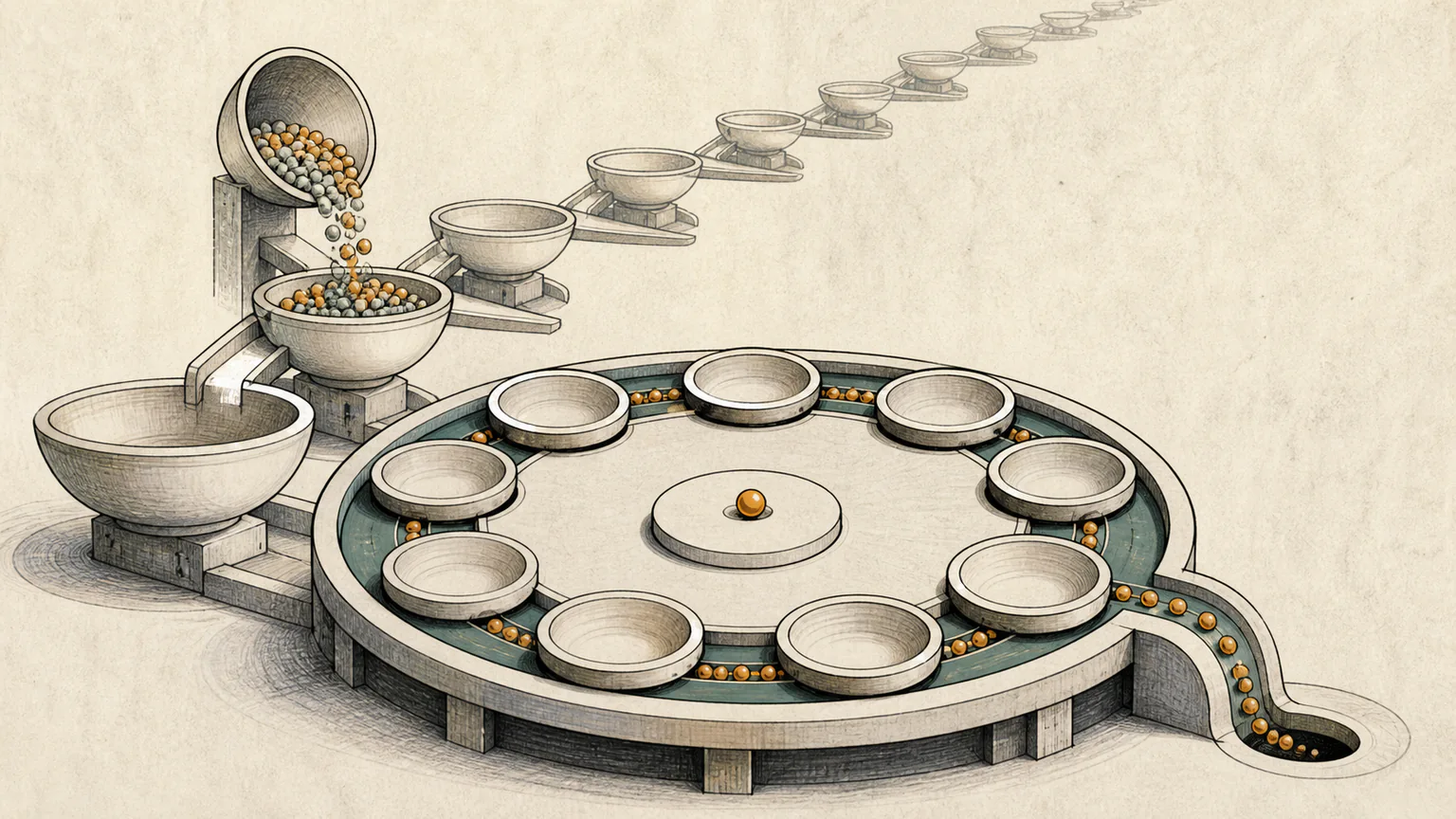 Beads cycle through a nine-slot loop and cancel in complete rounds until one amber result bead remains
