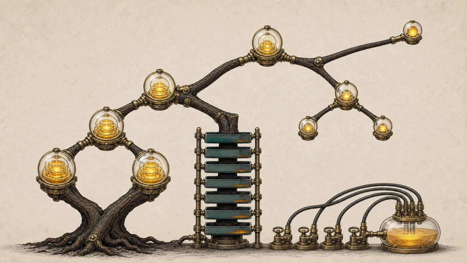 Amber light flows from the rightmost search-tree branch through every node, carrying the accumulated energy leftward