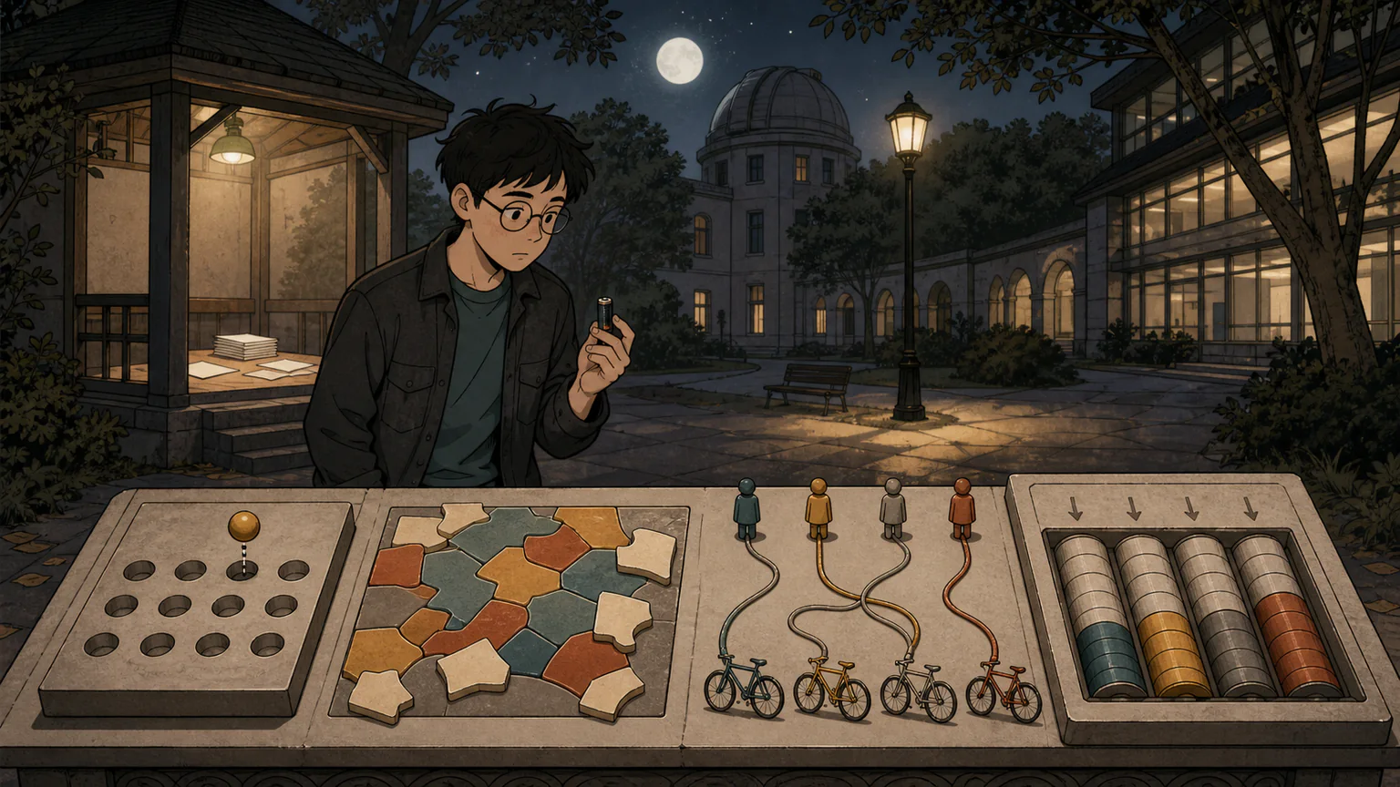 A tired Forest leaves one blank exam desk for an evening puzzle bench of fixed positions, paired fragments, bicycles and counting wheels
