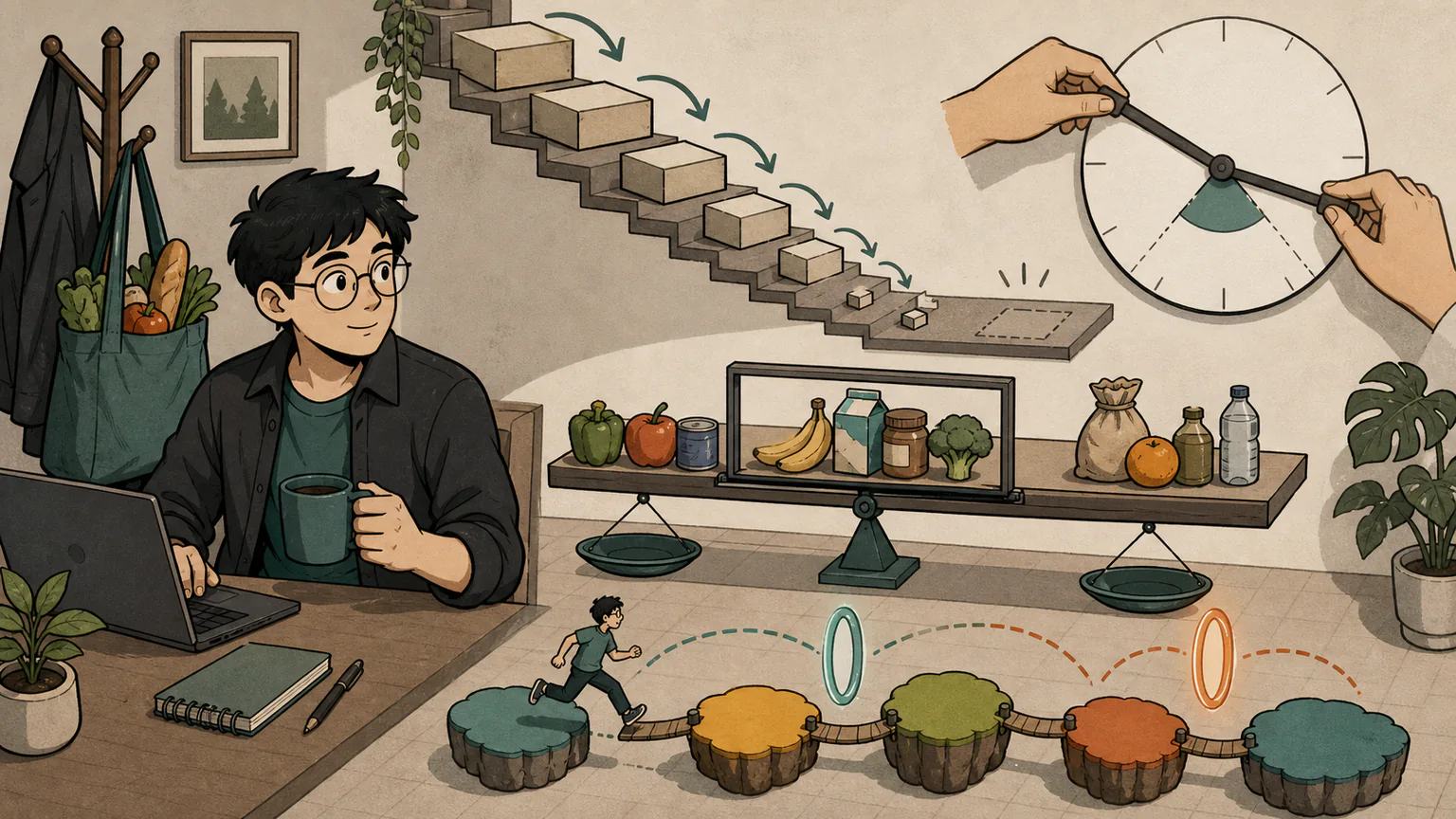 Forest watches a halving staircase, grocery sliding scale, blank clock hands and a runner using coloured island portals