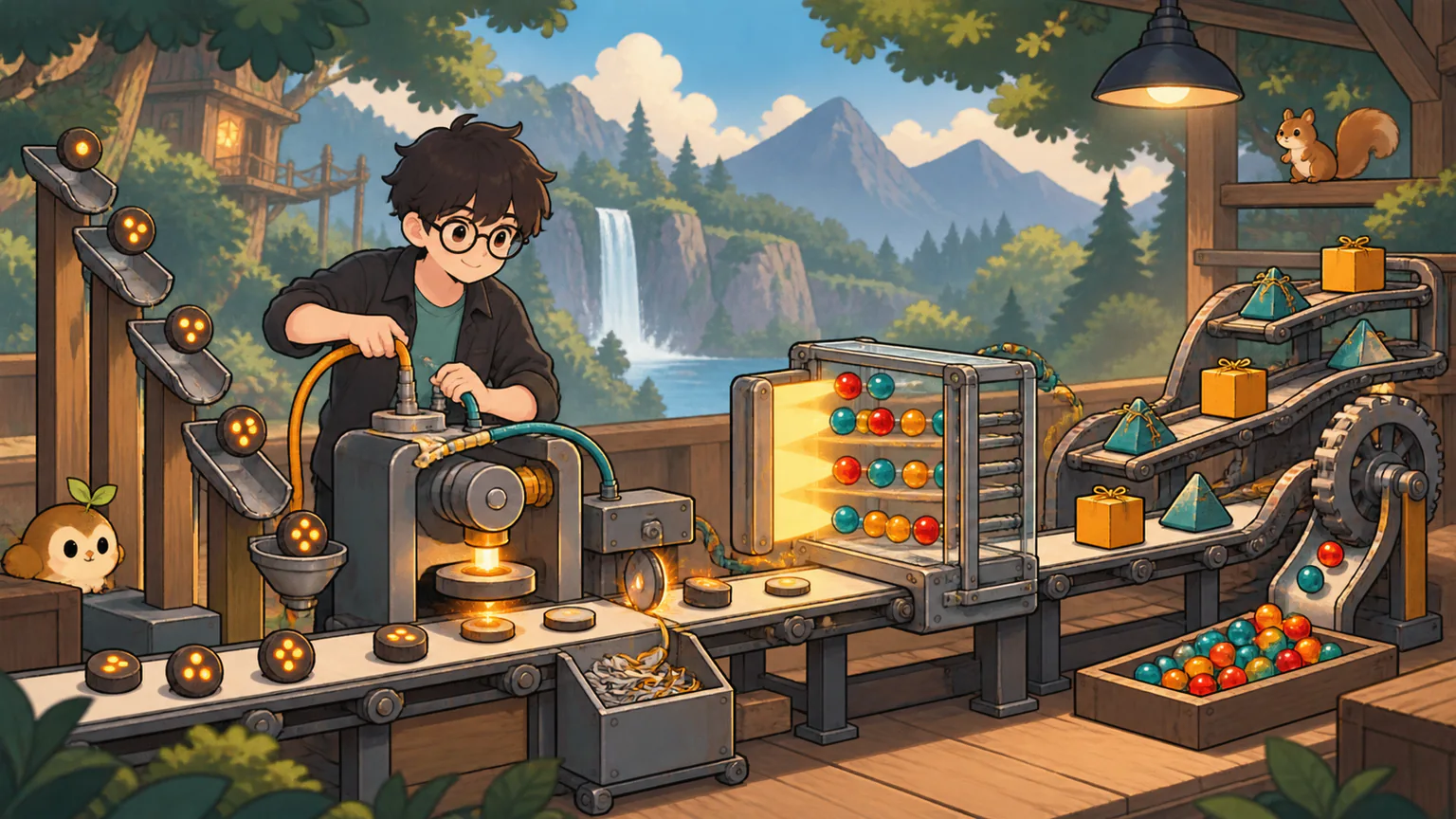 Forest reconnects plain hoses beside rising dot-token chutes, a periodic disk press, a three-colour bead window and nested pickup-delivery parcel rails