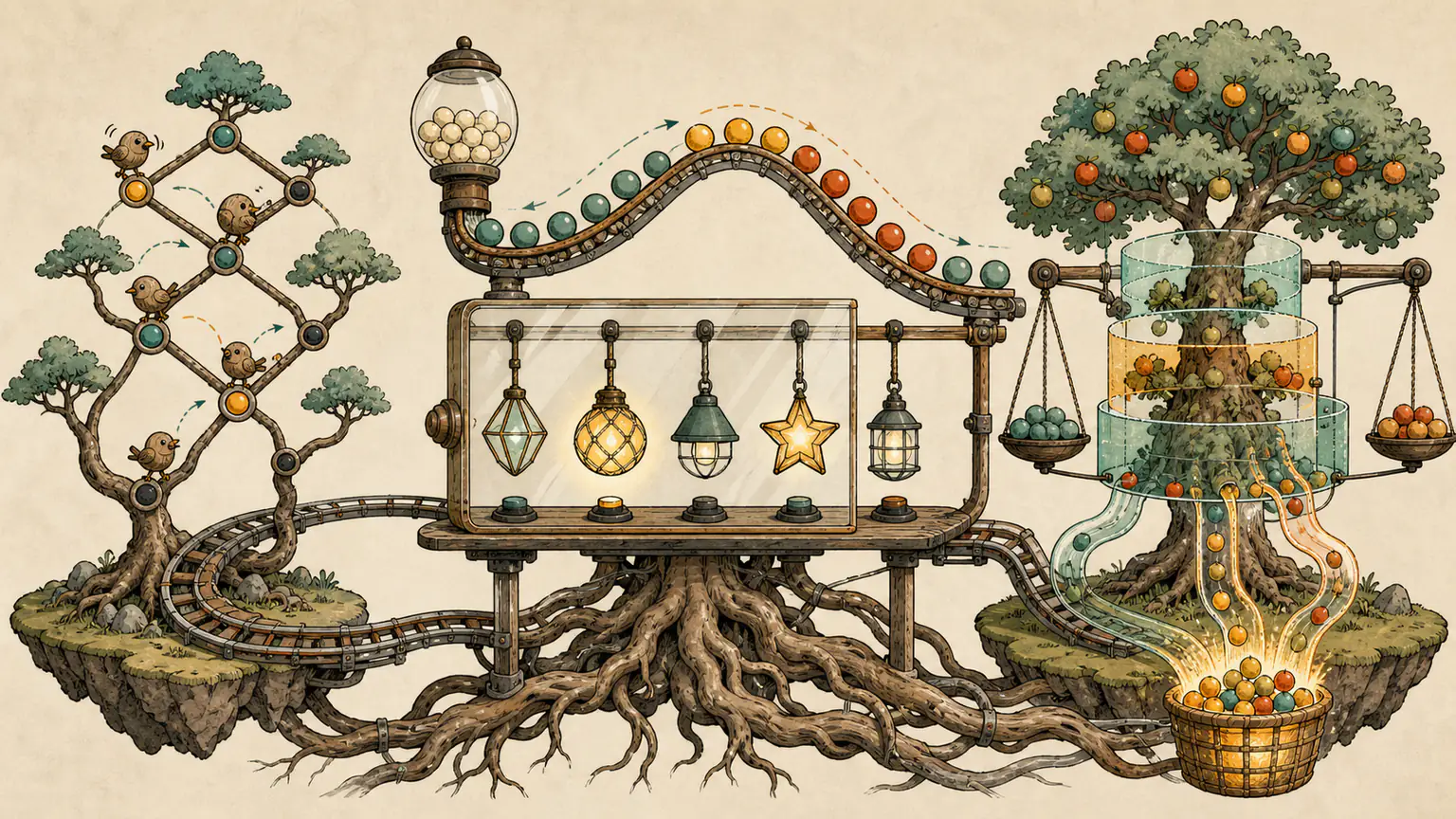 Beads rise and fall on a wave, five lamps repeat a state, birds alternate through branches and nested gauges pour valid tree fruit into a basket