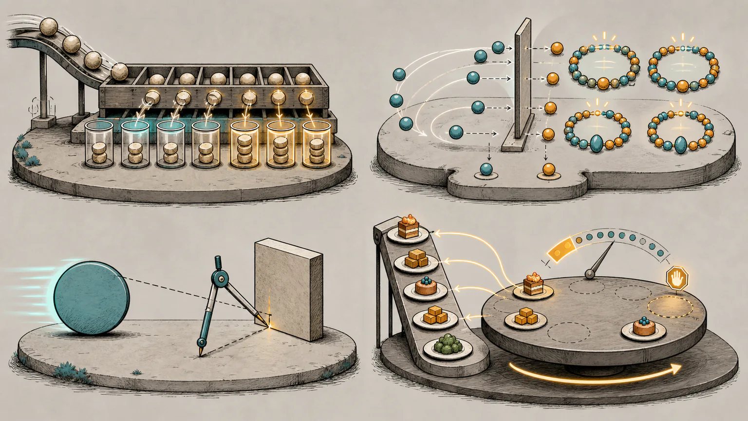 Tokens fill equally tallest group cylinders, mirrored beads form centred necklaces, a compass measures circle-to-rectangle distance and sorted plates stop before the balance falls