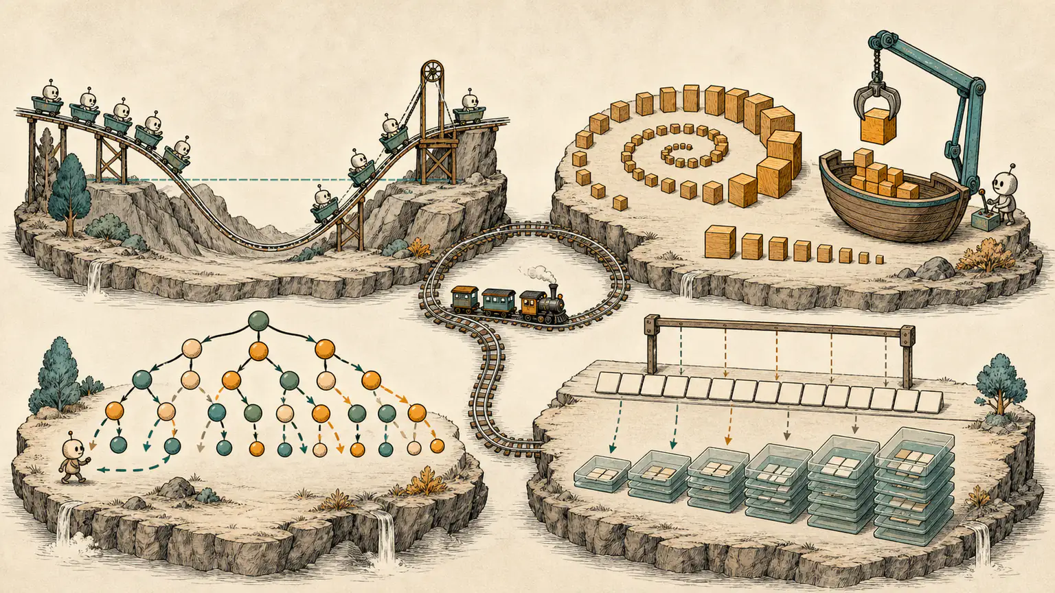 A lift raises a dipping cumulative railway, spiral blocks fill a vessel greedily, a three-colour bead tree branches and blank tiles accumulate in layered trays
