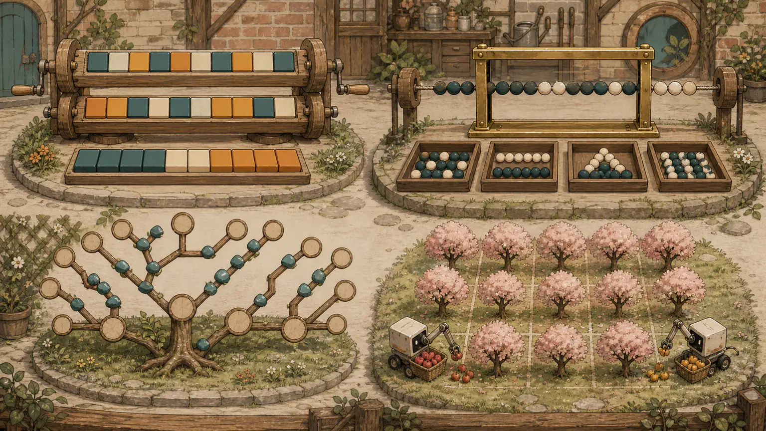 Two shuffled tile rows settle into one order, two-tone bead windows fill pattern trays, remembered course paths are reused and twin robots cross a cherry grid