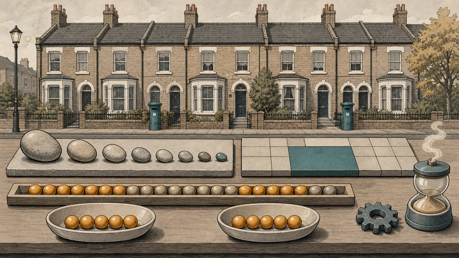 Discount stones, a recoloured tile rectangle, two separate target tracks and mailboxes placed among median row houses form an algorithm neighbourhood