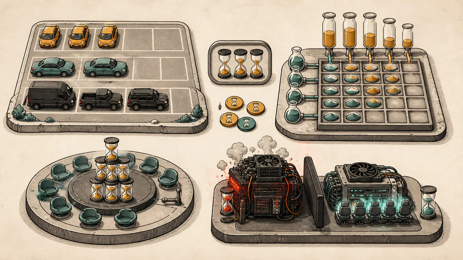 Three vehicle sizes consume matching bays, access tokens share one hourglass window, row and column vessels fill a grid and a repaired server carousel redistributes requests