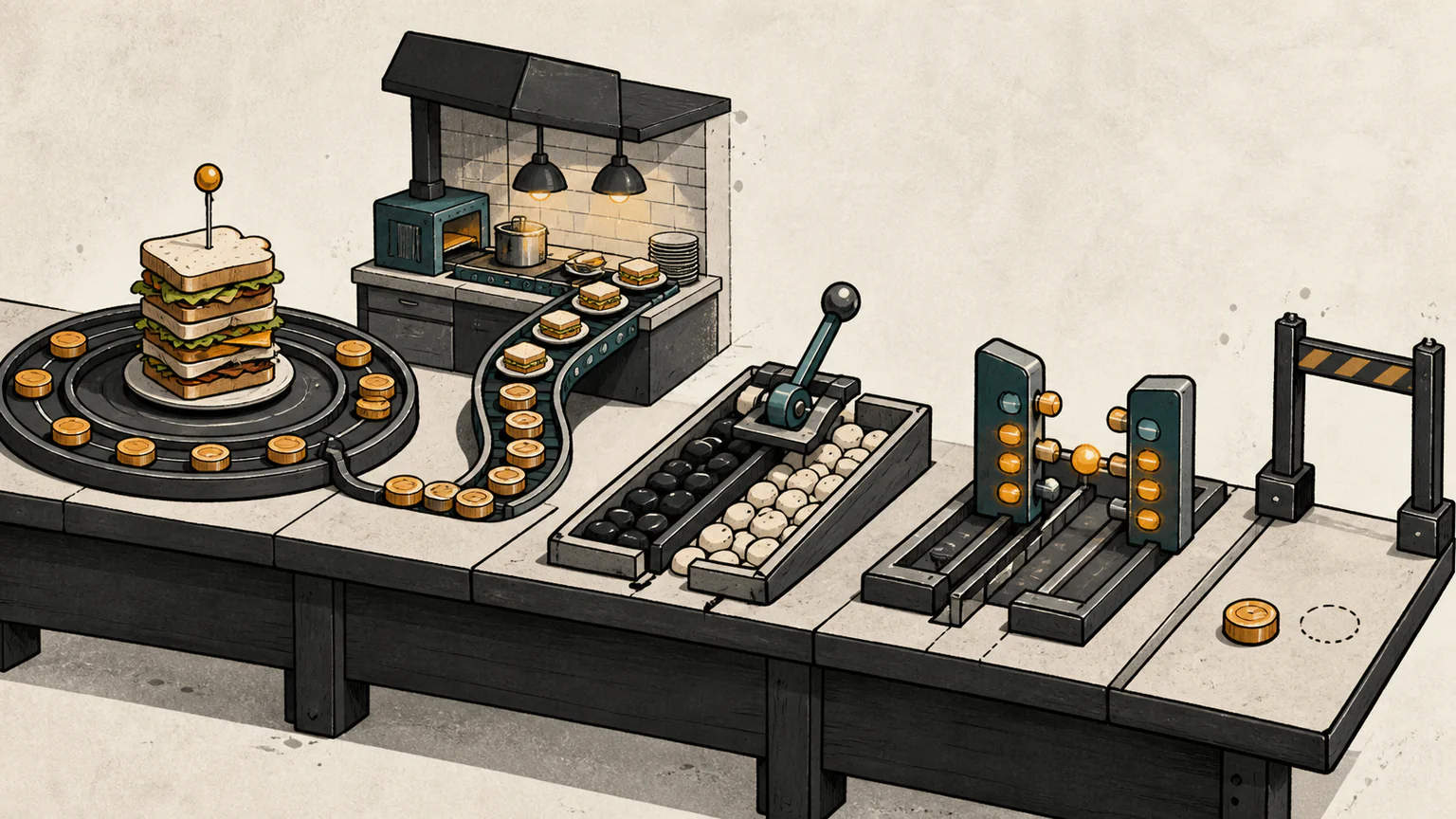 A sandwich queue and kitchen timing rig run beside sorted binary stones, while a final amber token stops one step short of the finish gate