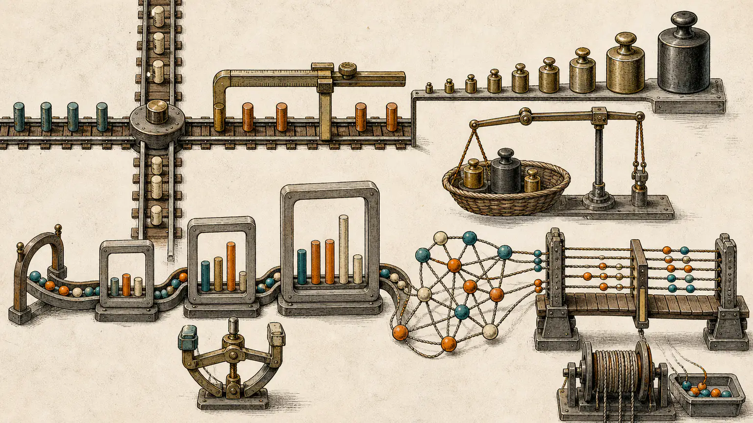 Crossed rails select the nearest aligned point, distinct tripling weights meet a target, bead windows compare frequency towers and degree pairs pass a threshold before duplicate-rope correction