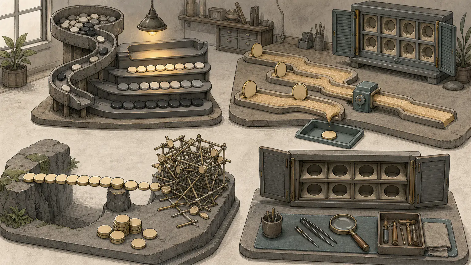 A tiered rack reveals the second-highest value, token lifelines renew or expire, sorted coins extend a continuous bridge and the final pairing cabinet remains unopened