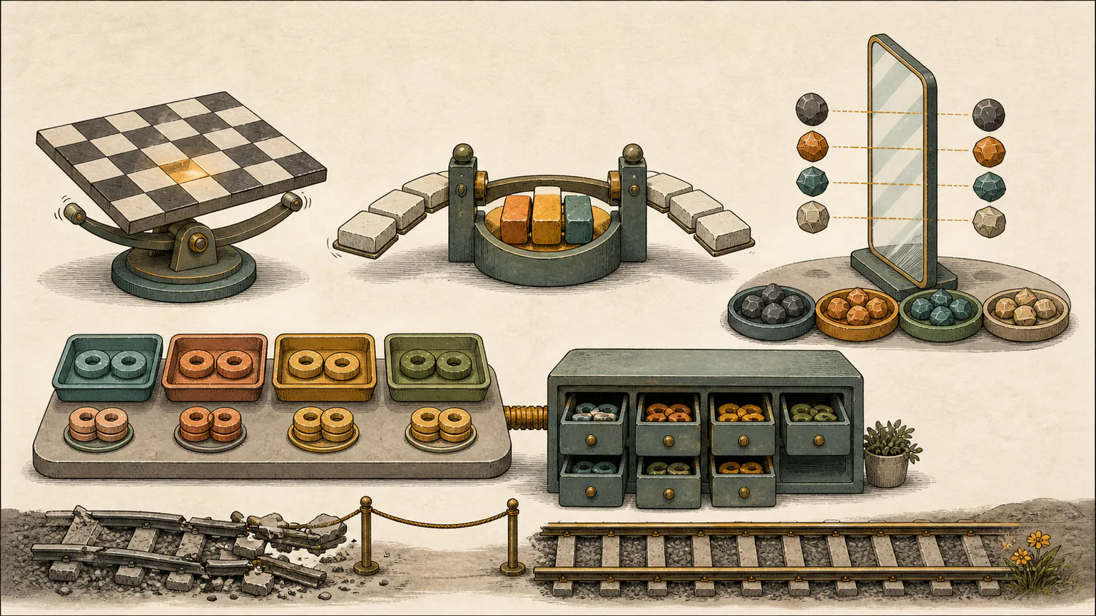 Parity gears colour a checkerboard square, blank phrases meet from both ends, mirrored-value differences gather matching tokens and remainder trays feed a corrected memoized batch planner