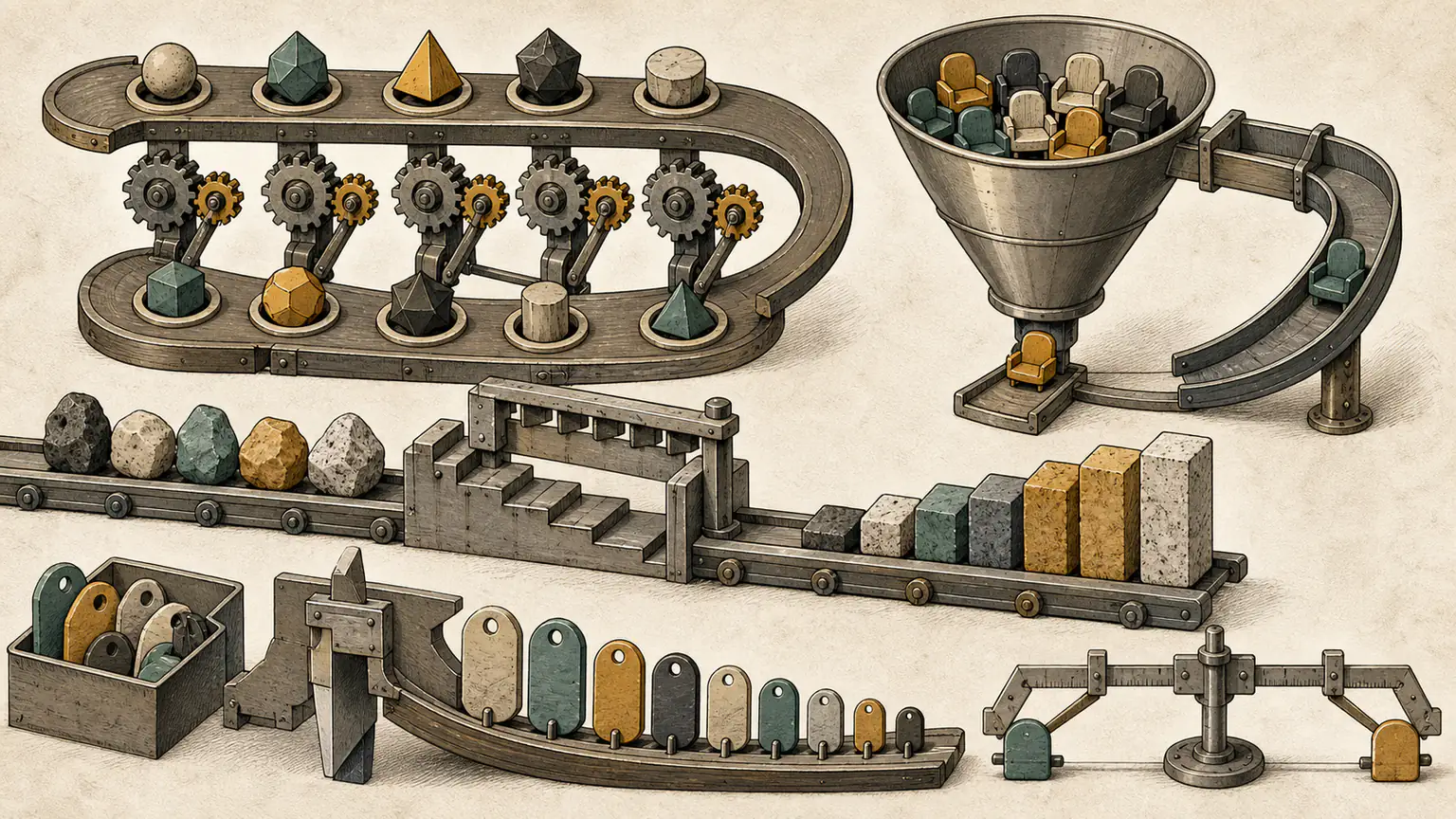 Alternating tokens pass through shift gears, a heap dispenser returns the smallest seat token, sorted stones become a gently rising staircase and eligible room keys gather around a preferred position