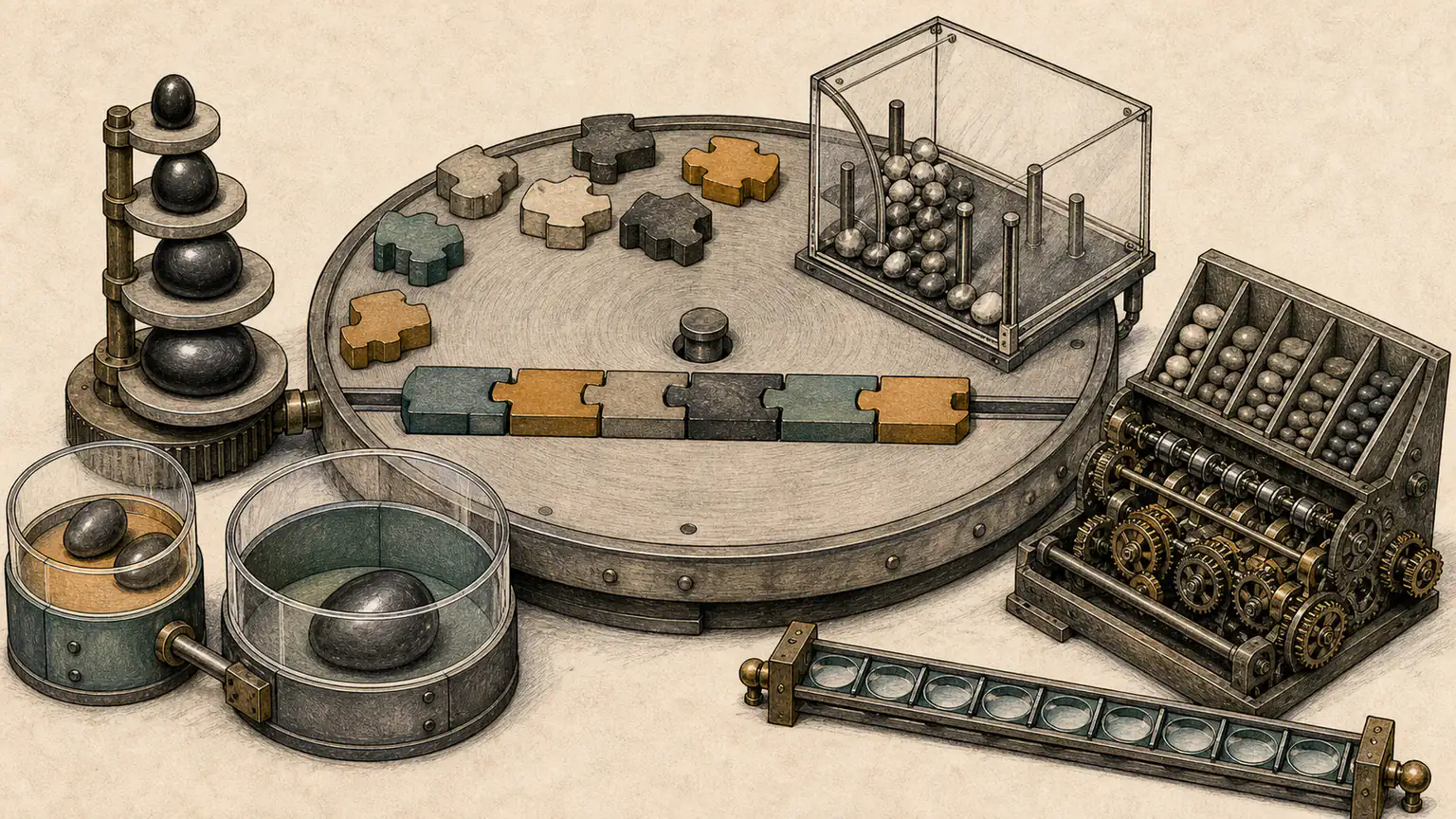 Notched blank word blocks sort into order, growing loads drain two memory reservoirs, stones settle after a box turns and a quotient-bucket machine remains jammed beside a later prefix rail