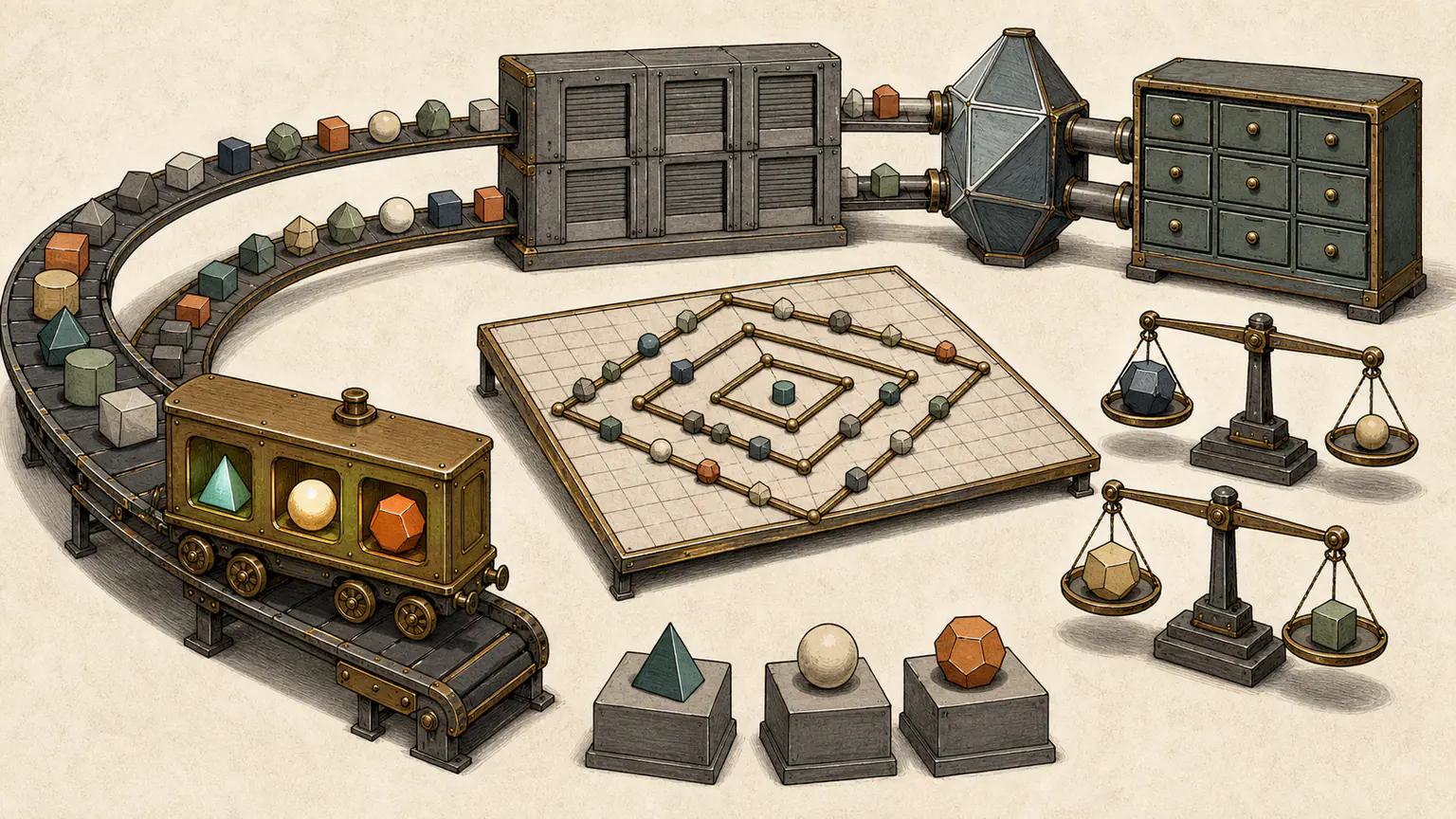 A three-slot window tests distinct beads, heavy and light weights pair across balances, diagonal rails rank three rhombus sums and a masked matching table minimizes prism light