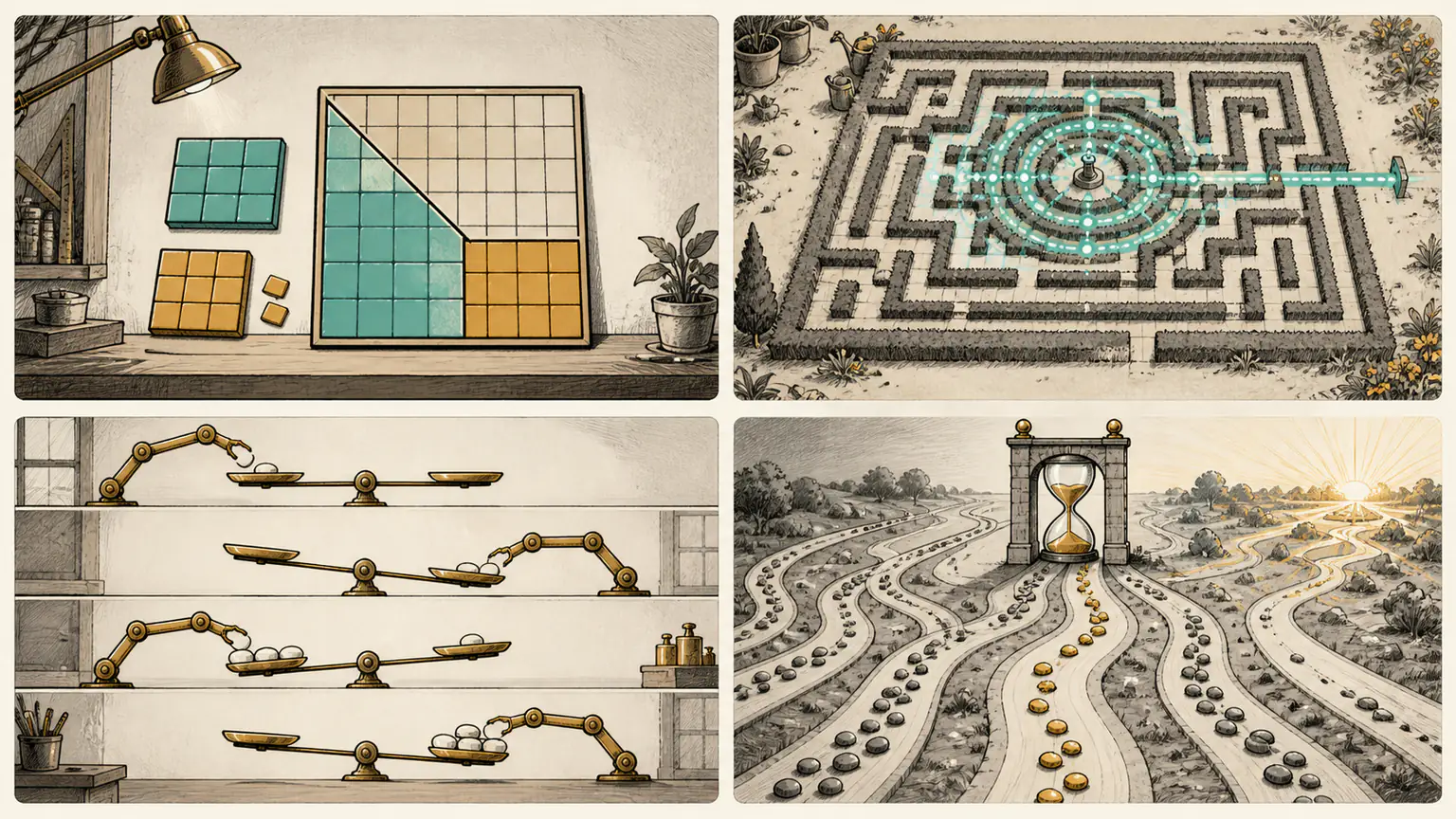 Square tiles form a right triangle, maze waves reach the nearest exit, blank counters balance two halves and timed routes compare costs
