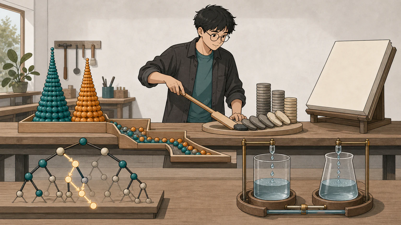 Forest sharpens new tools beside power beads, a flipped disc stack, a preorder tree and equal repeating-water vessels