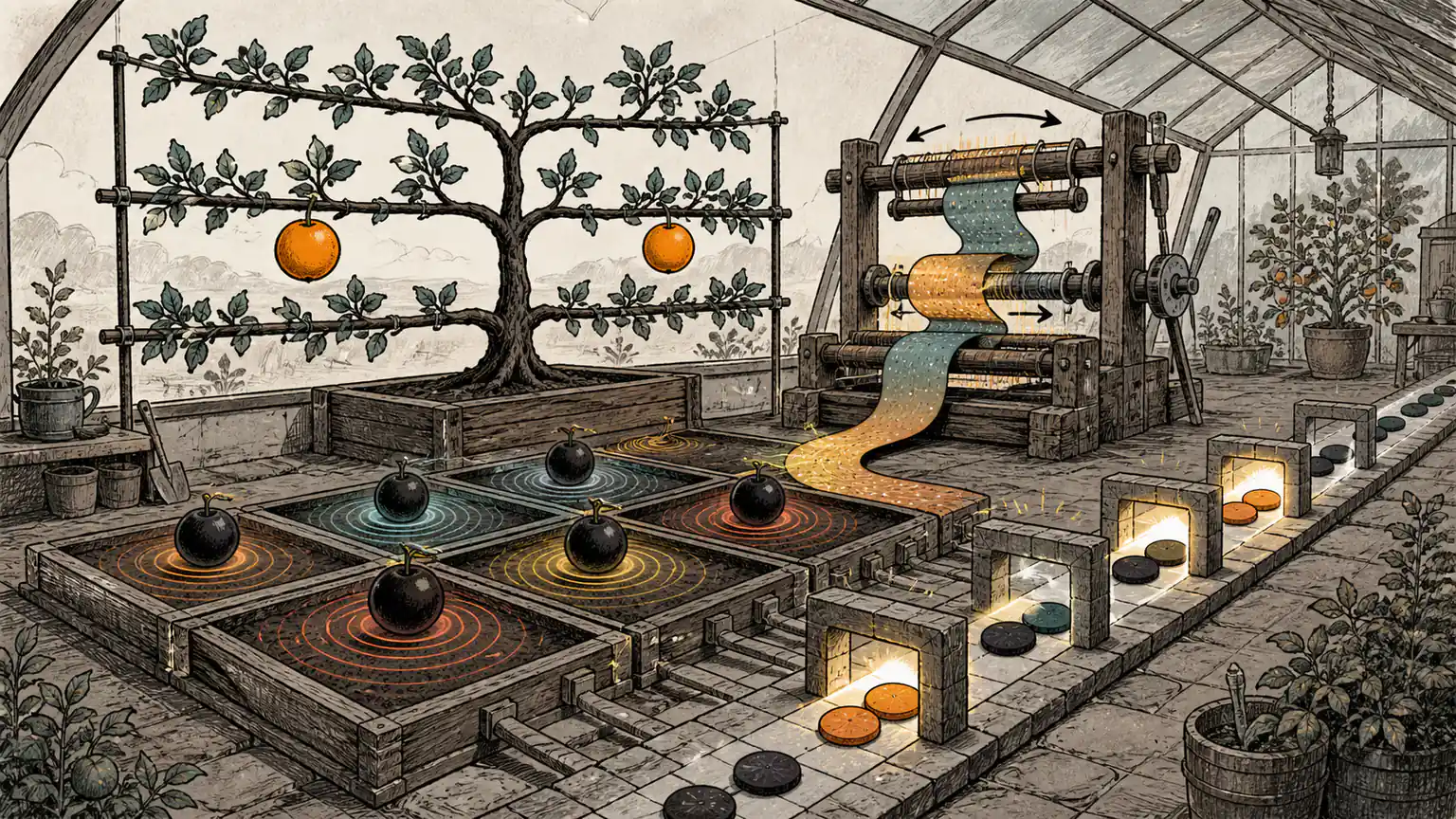 A greenhouse tree holds cousin oranges above a spreading tile orchard while a reversible ribbon leads through glowing square arches
