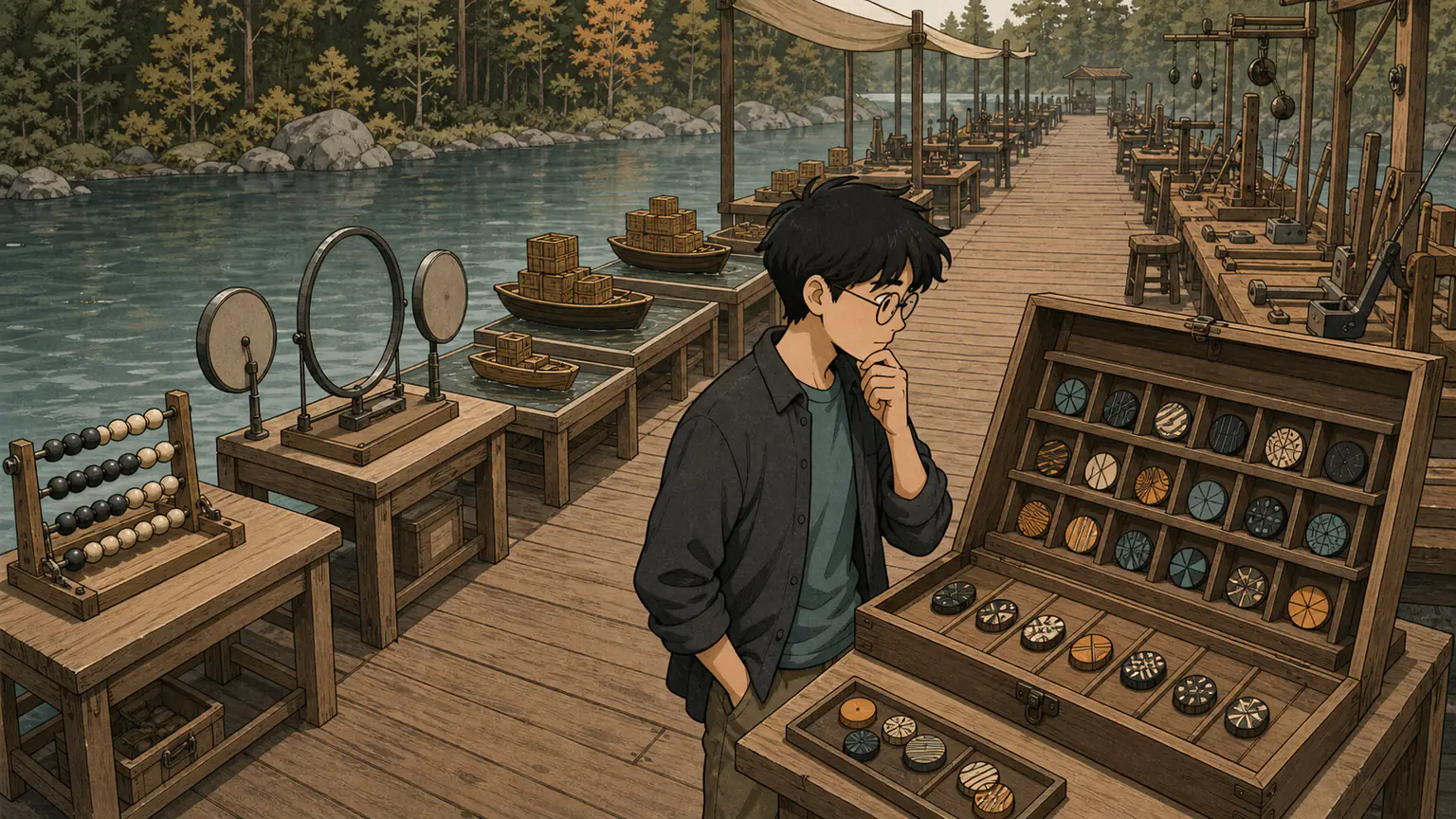 Forest trains with flipped beads, paired sound discs, repeated ship-capacity trials and a cabinet of distinct patterns