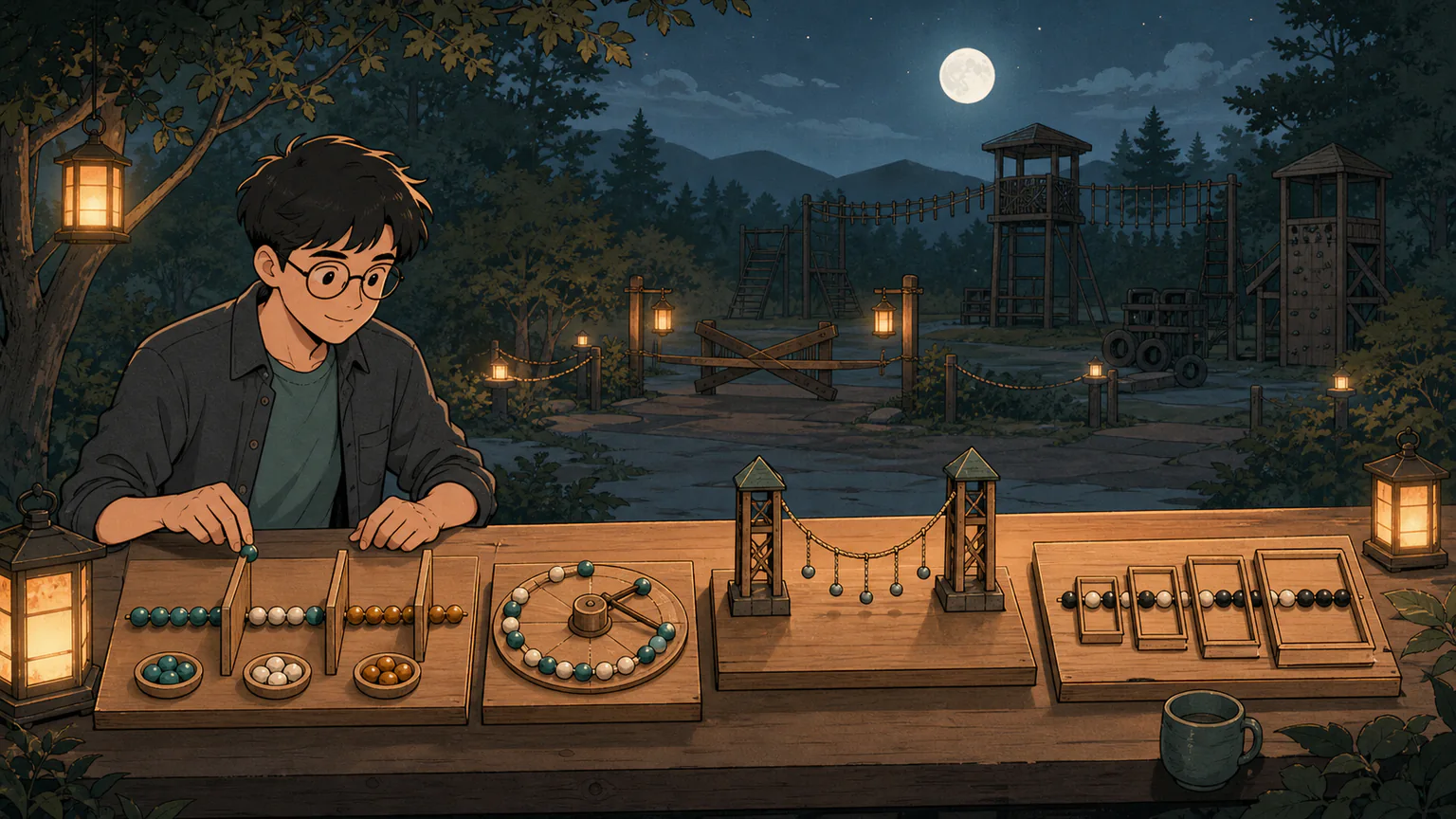 Forest returns to an evening bench for three equal bead segments, a unit-bead remainder wheel, paired towers and coverage windows