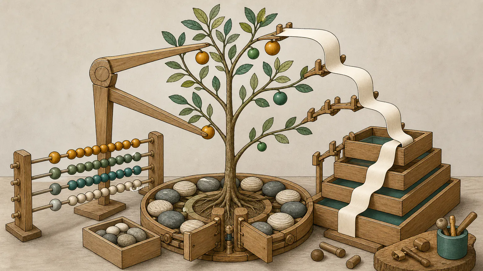 A tree-restoration workshop sorts parity stones, measures ancestor fruit, extends even-spaced beads and raises a folded depth trail into branches