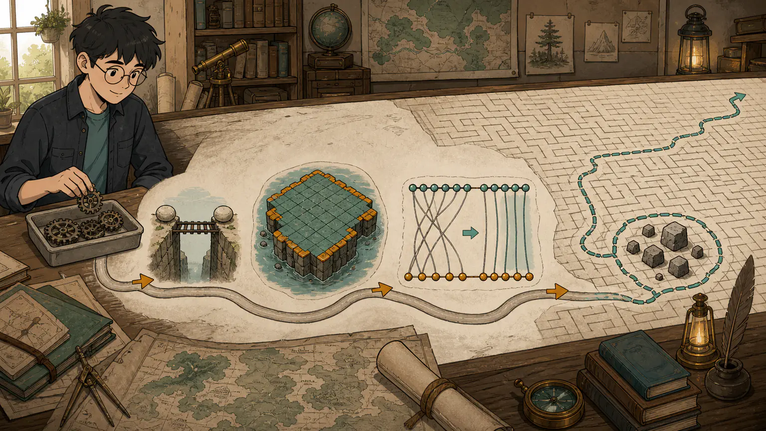 Forest repairs corner-case gears beside consecutive stones, a colored border, uncrossed pairings and a bounded maze escape