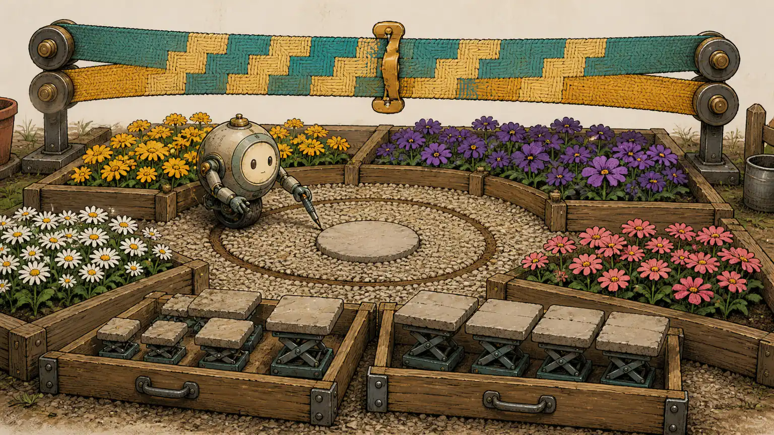 A tiny robot loops through a four-colour allotment beside raised partition blocks and overlapping patterned ribbons