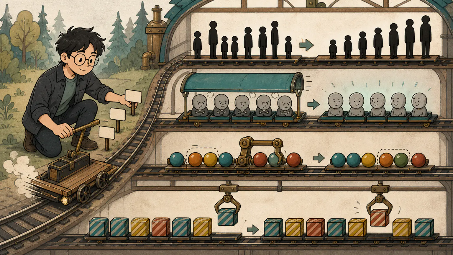 Forest pauses in a speed workshop to place edge-case markers before sorting figures, sliding a calm window, swapping beads and alternating crates