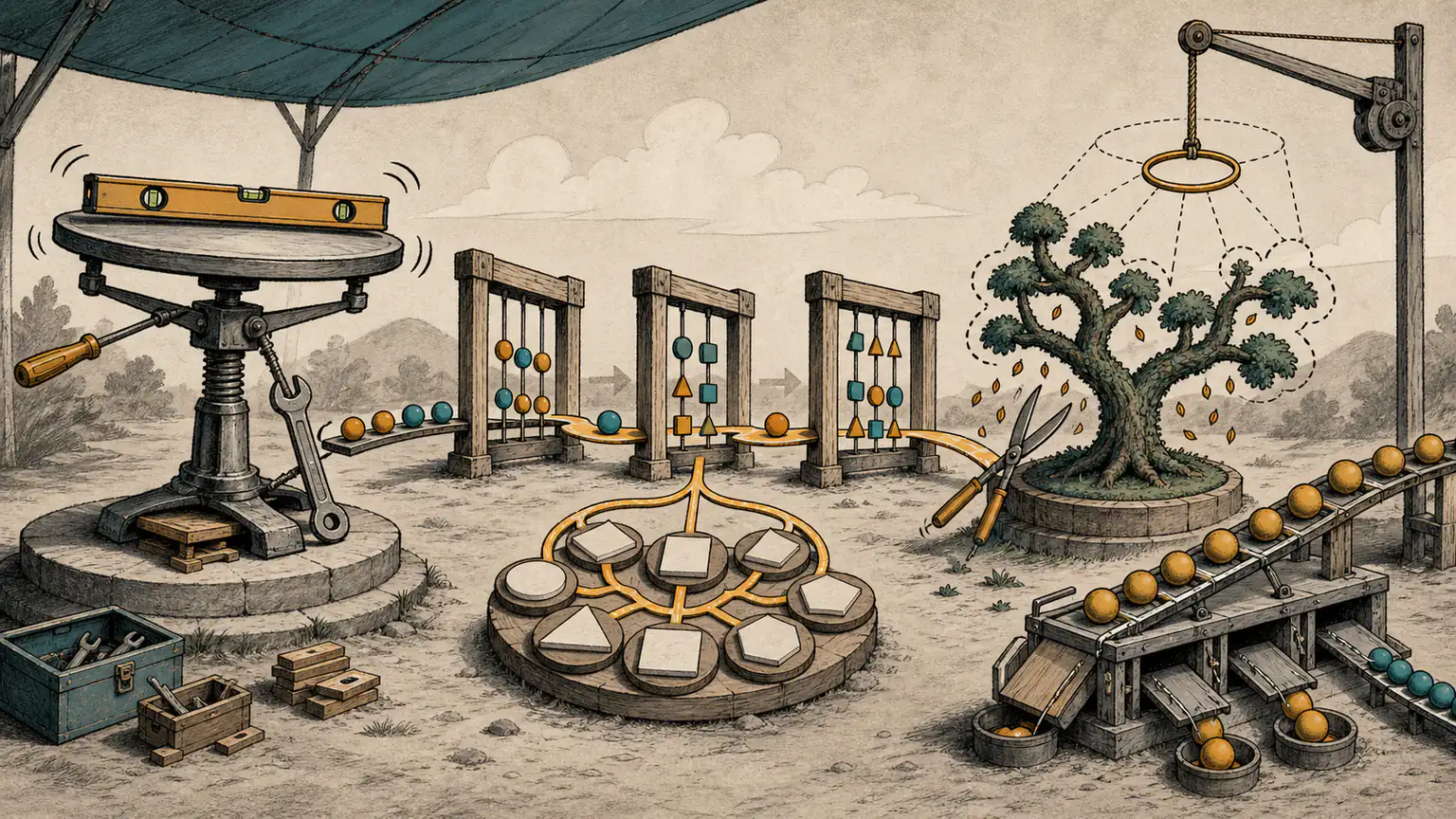 A wordless algorithm workshop recalibrates a judging machine beside state beads, permutation tiles, a pruned tree and a monotonic rail