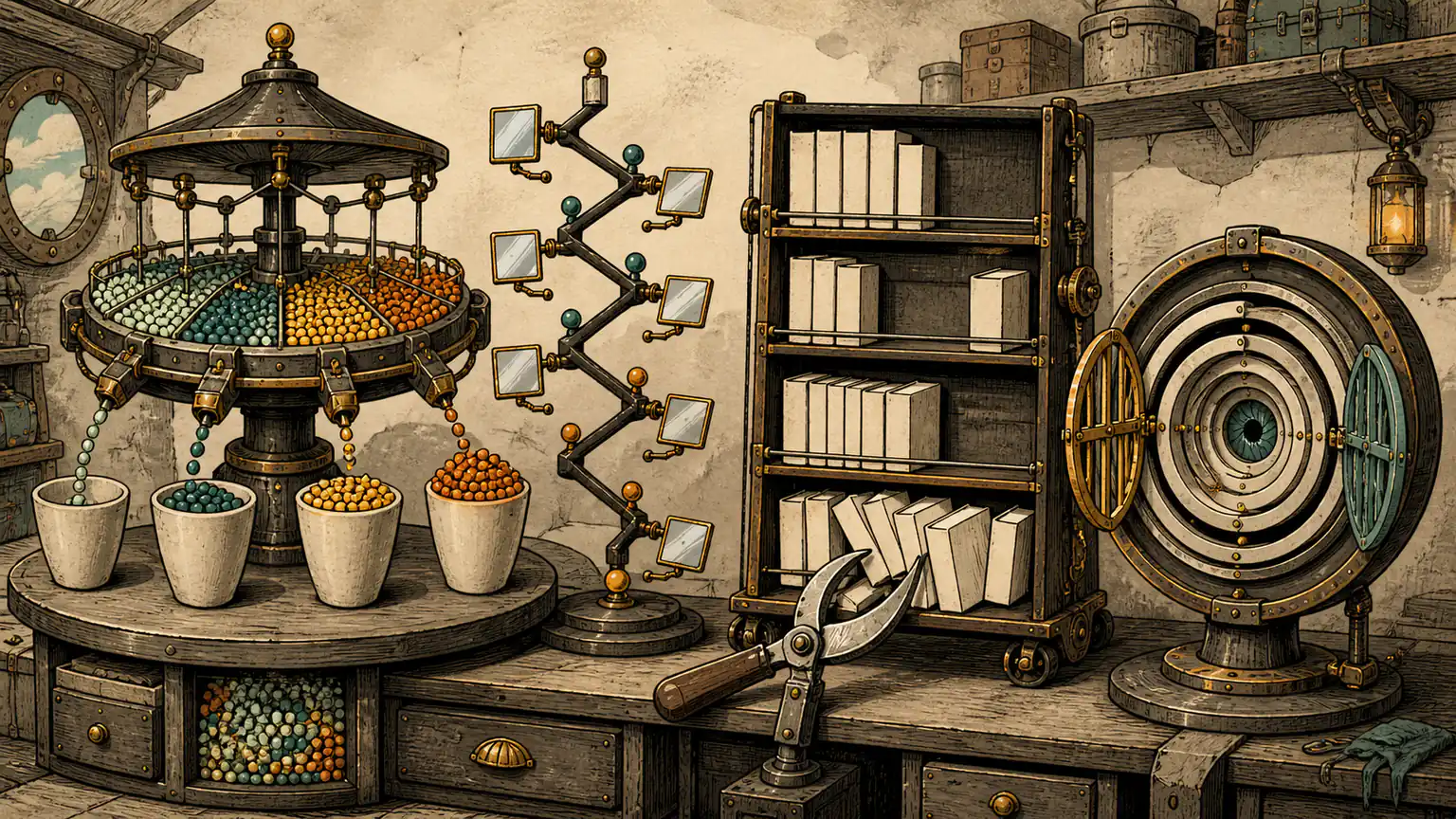 A mechanical workshop distributes growing bead portions, restores a zigzag tree path, prunes shelf layouts and opens nested logic gates