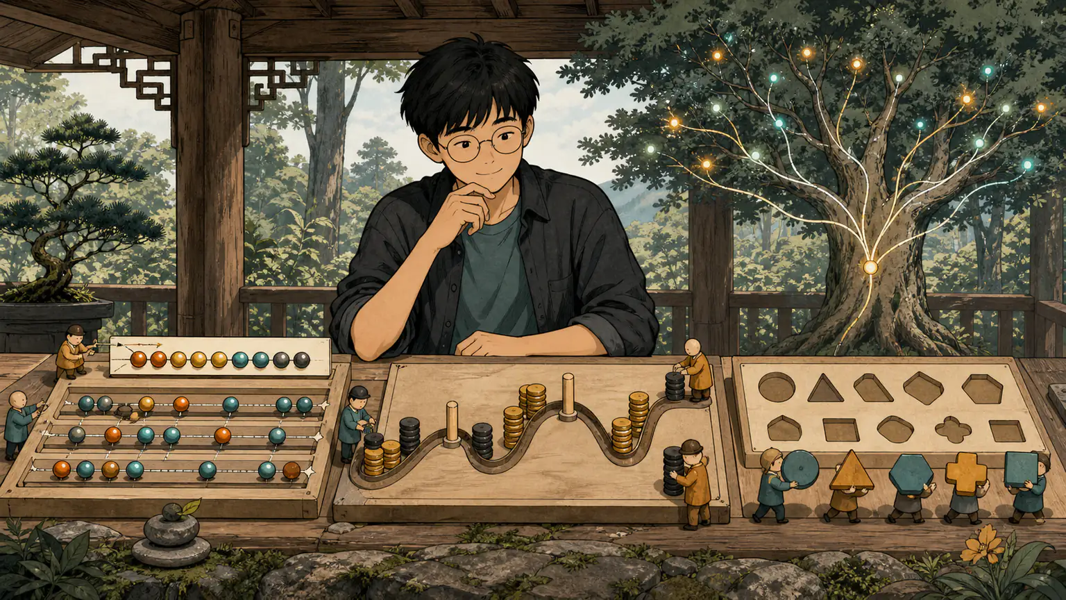 Forest orders beads by a custom rail, traces deepest leaves, balances work tokens and selects the smallest complete tool team