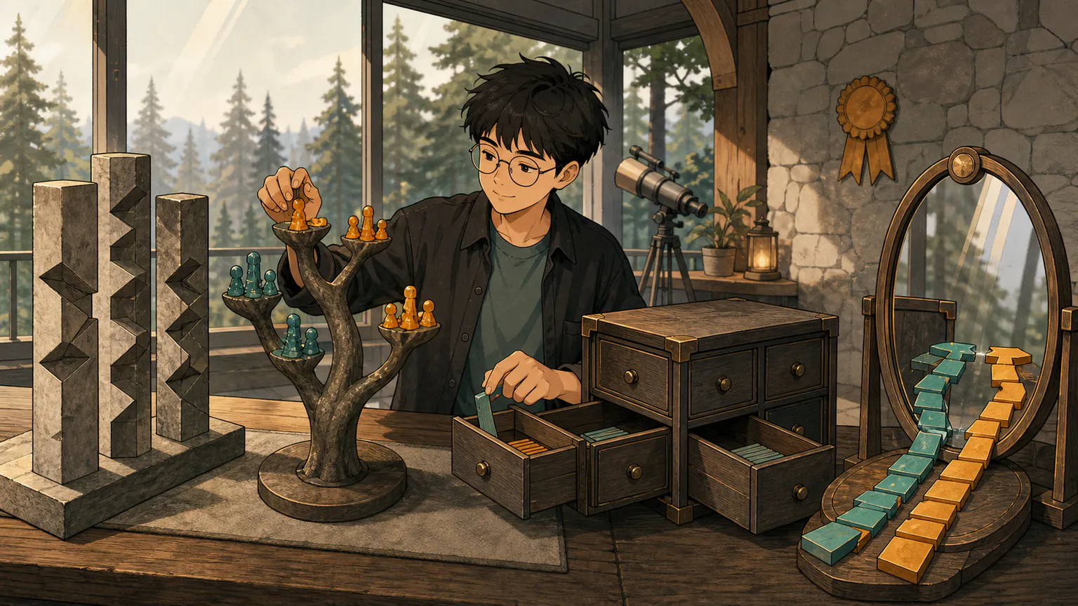 Forest celebrates beside descending zigzag blocks, a branch-colouring game, change-only snapshot cabinet and mirrored ribbon chunks