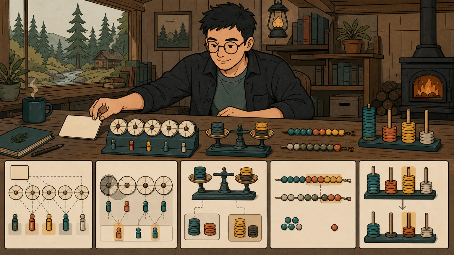 Forest carries a blank class card past conflicting tickets, minimum-bead comparisons, cancelling chains and a row of plate stacks