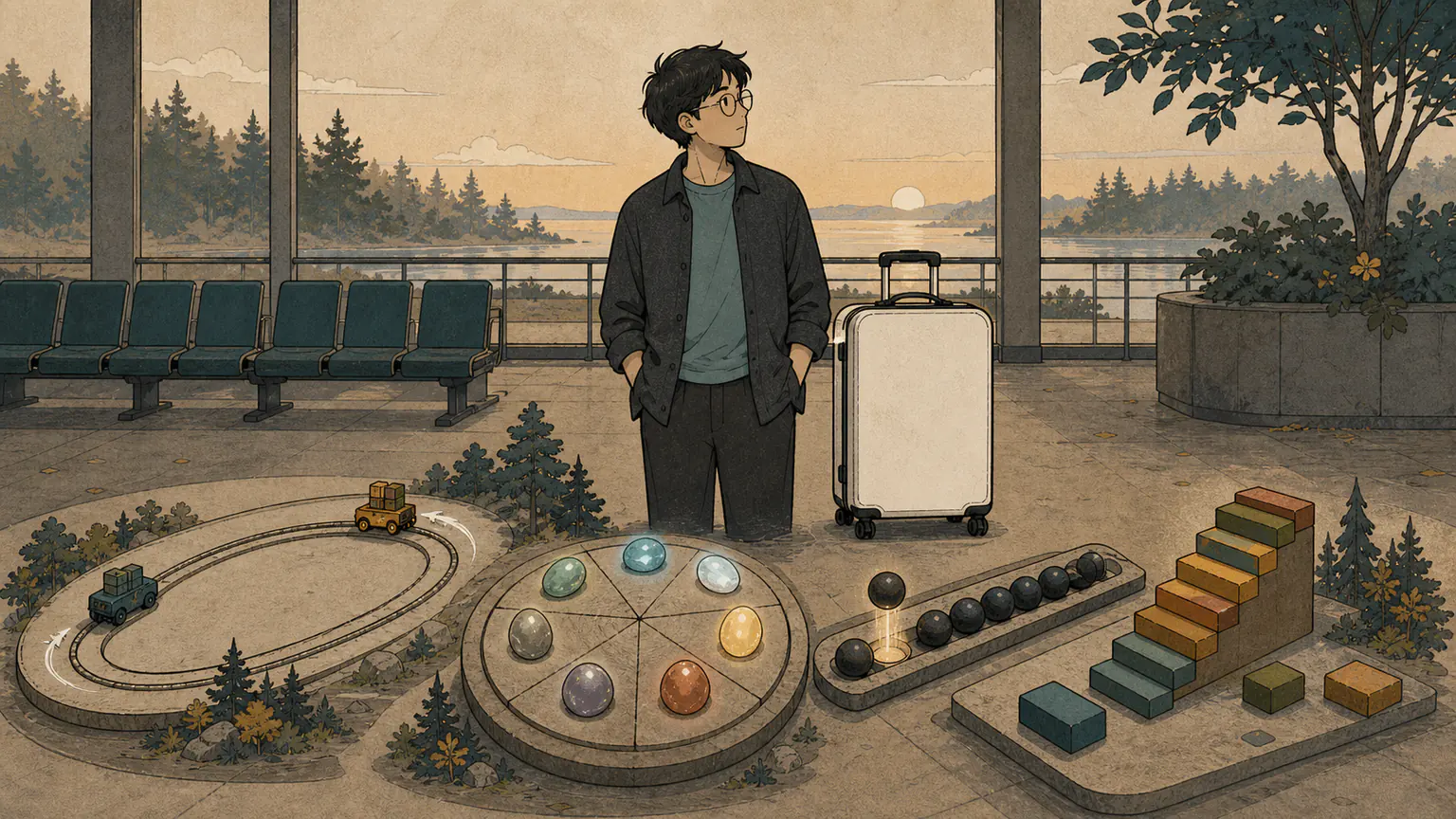 Forest waits with a blank suitcase among a circular shuttle route, seven-light calendar wheel, one-bead removal track and replacement staircase
