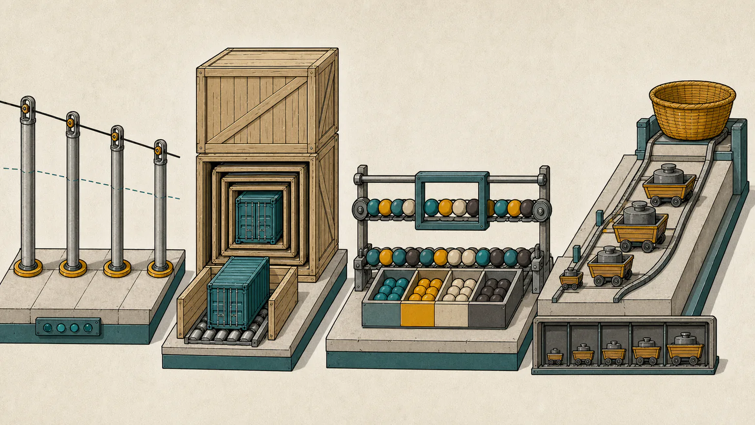 A wordless logistics yard aligns posts under one cable, removes nested crates, slides a frame across four-colour cargo and schedules job carts