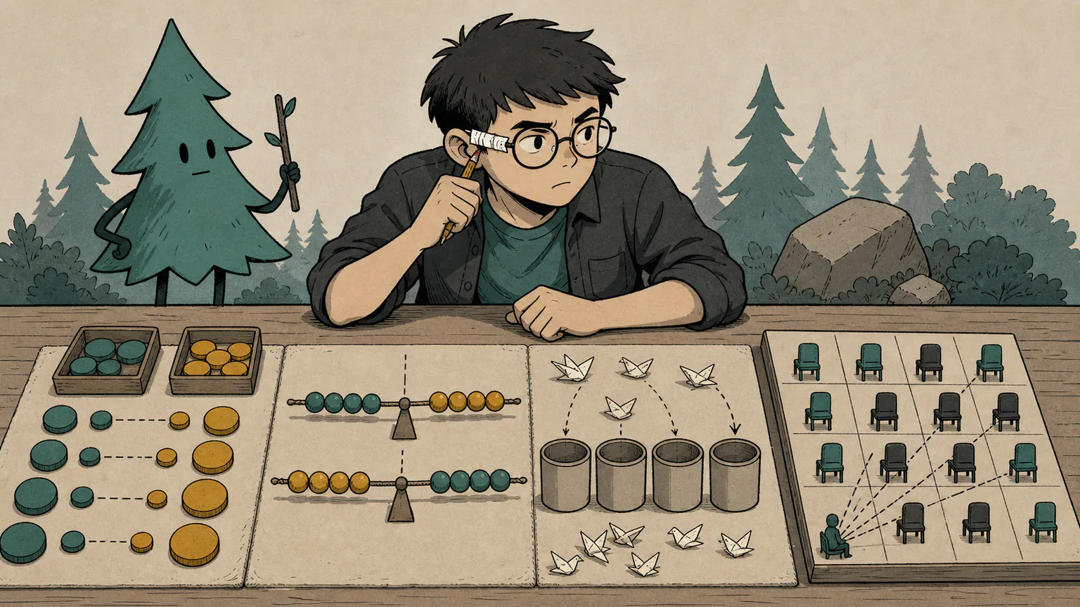 Forest wears taped round glasses beside doubled tokens, balanced bead ropes, time bins and an exam-seat grid with diagonal constraints
