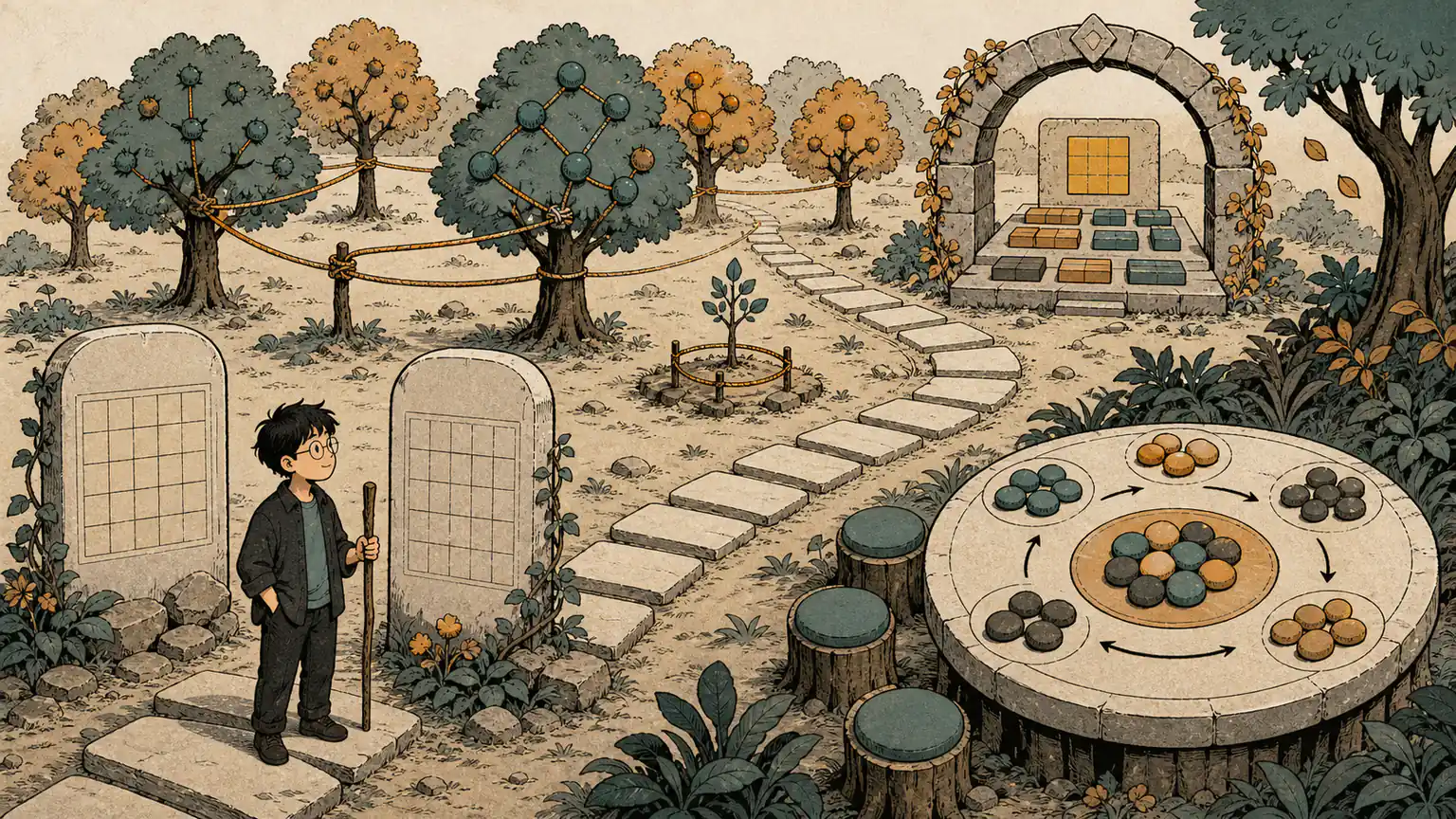 Forest follows a puzzle-garden path past blank calendar stones, connected trees, factor blocks and a circular table of pebble groups