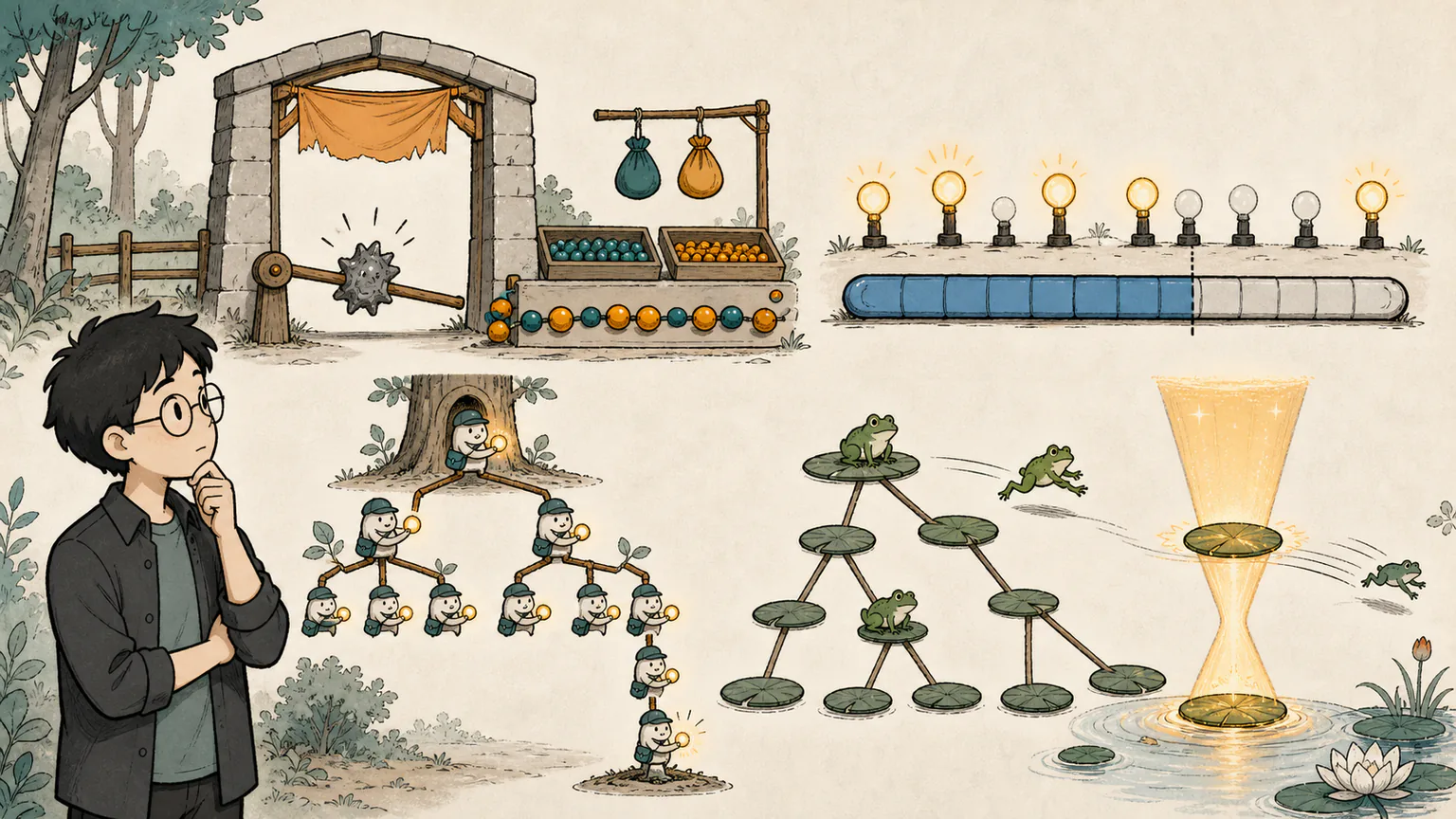 Forest watches a malformed token gate, odd bead groups, a continuous blue bulb prefix, a messenger tree and frogs timed by a sandglass beam