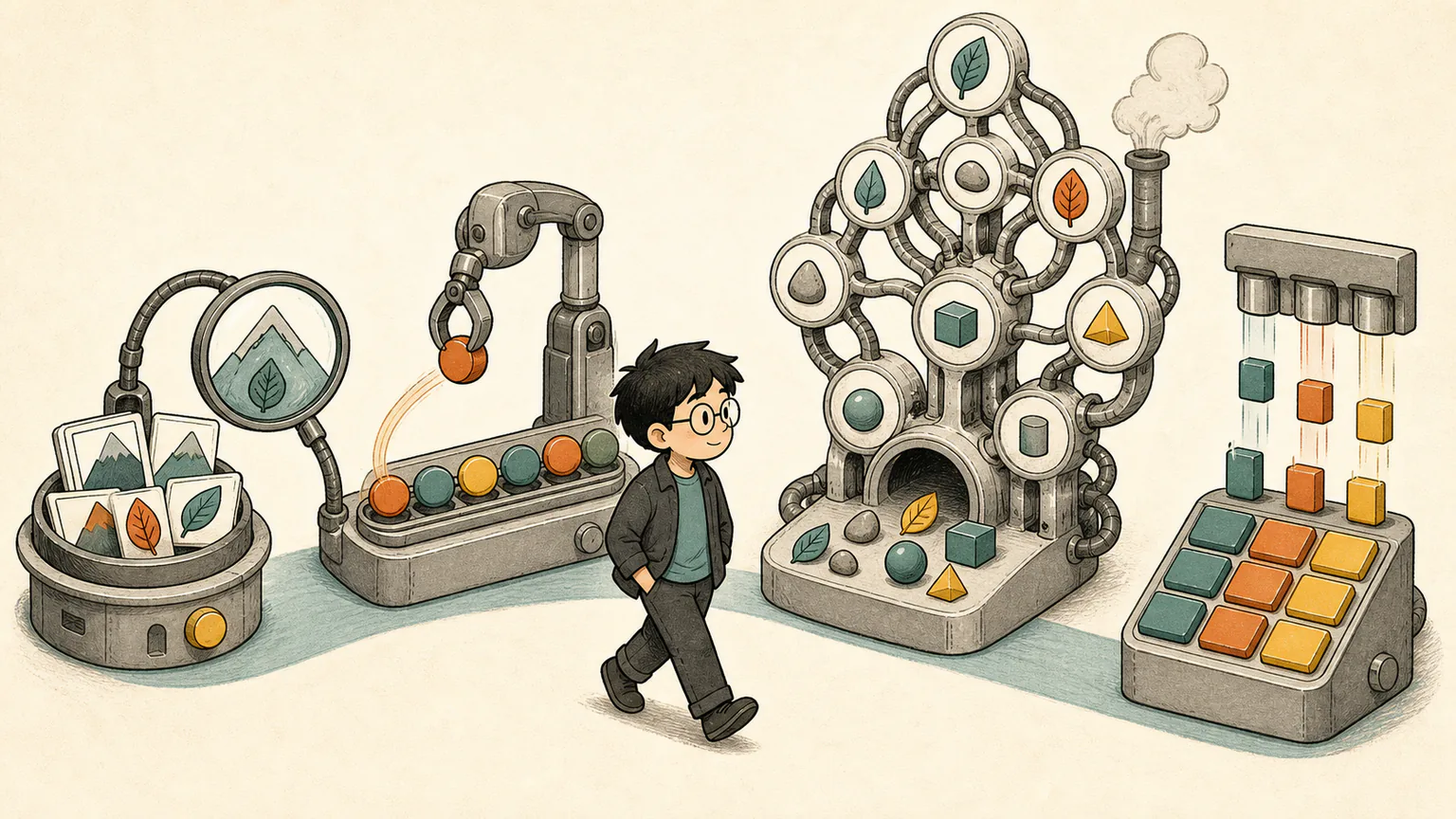 Forest walks past nested picture cards, a move-to-front token rail, an oversized trie machine and falling three-column colour tiles