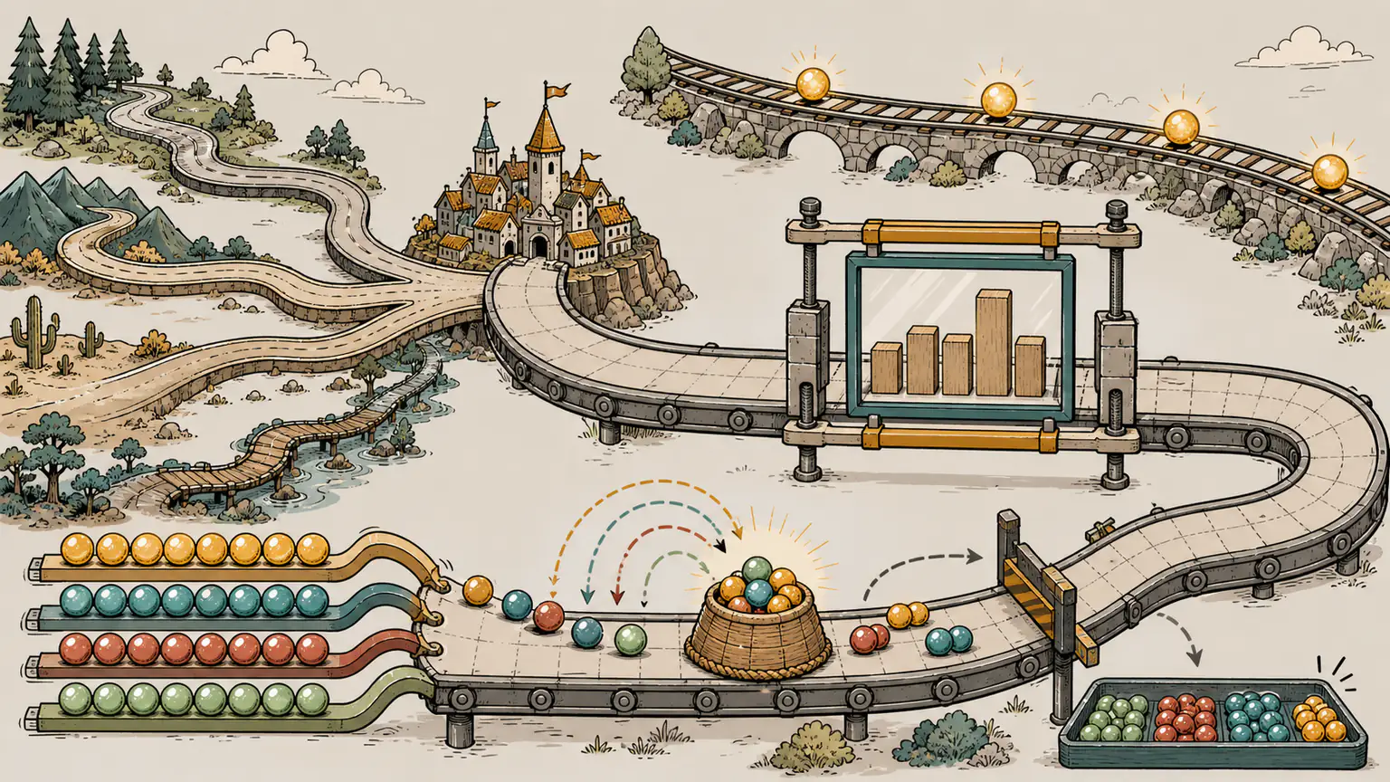 Roads converge on a terminal town, glowing markers keep their distance, a sliding frame bounds wooden bars and sorted marbles feed a heap and duplicate gate
