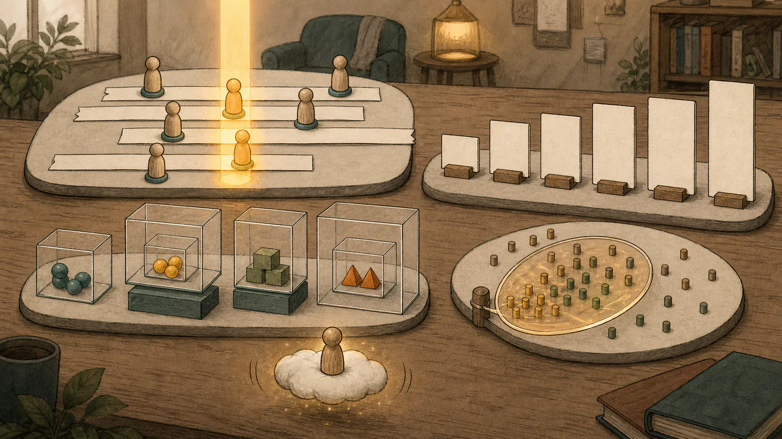 A moment of light crosses student intervals, blank cards reorder by length, transparent sets test containment and a rotating disk covers the densest points