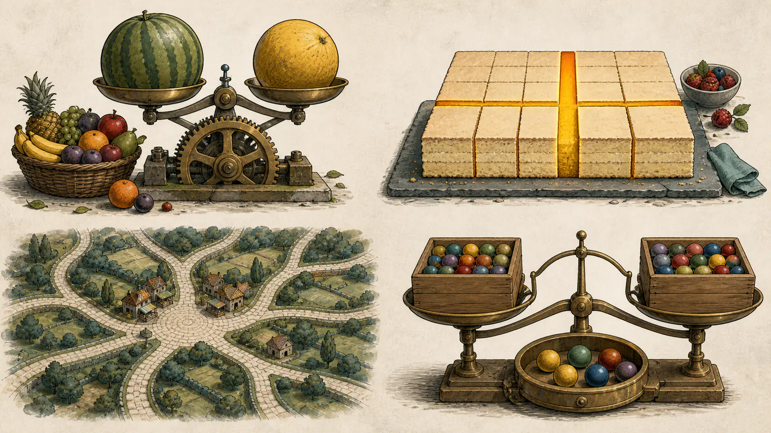 The two largest fruits power a product scale, the widest cake gaps meet, tree roads converge on one town and two coloured-ball boxes face an unfinished probability balance