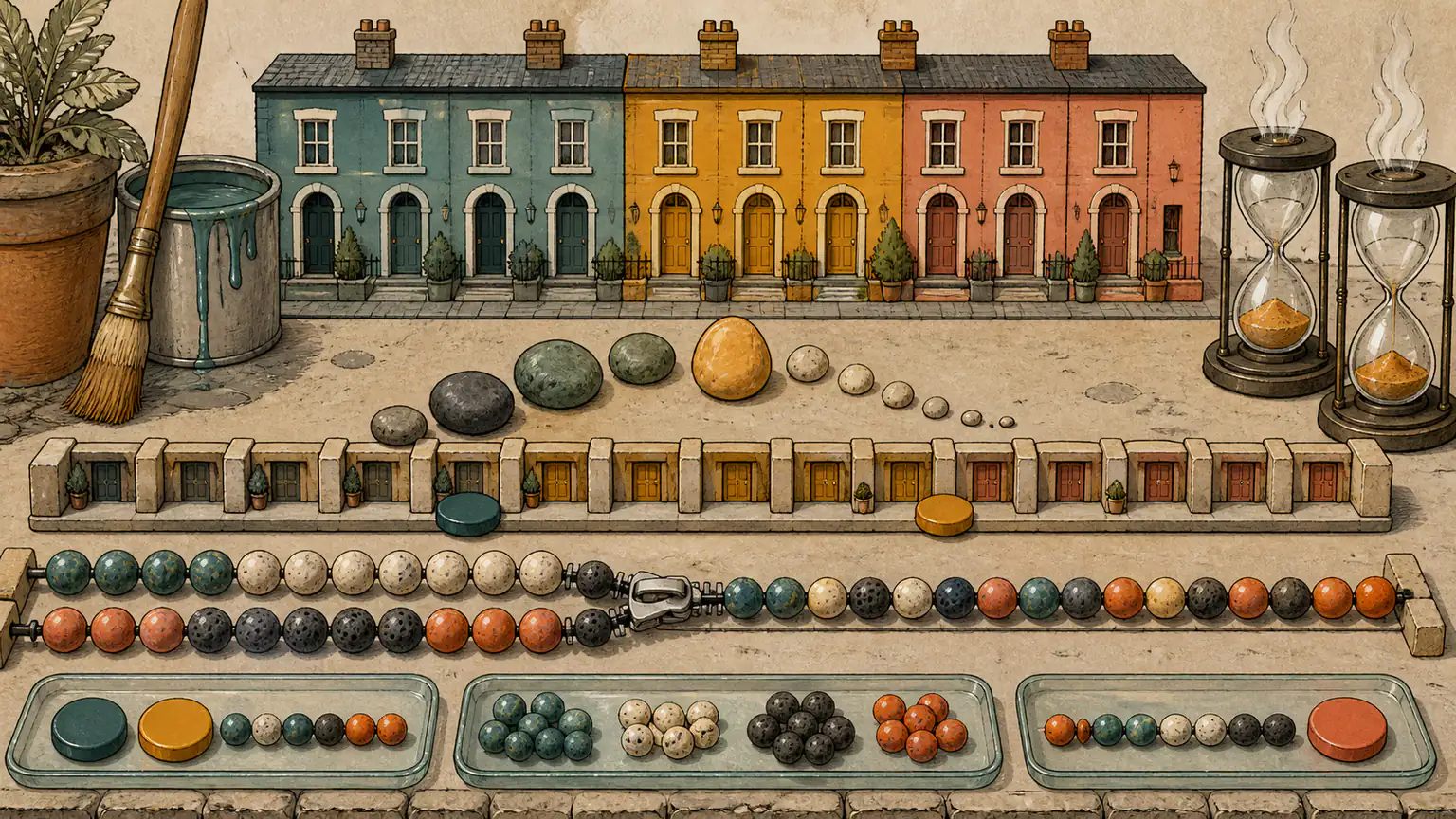 Two bead rows interleave, strong stones rank around a median, a physical memory corridor moves back and forward, and painted row houses form exact neighbourhoods