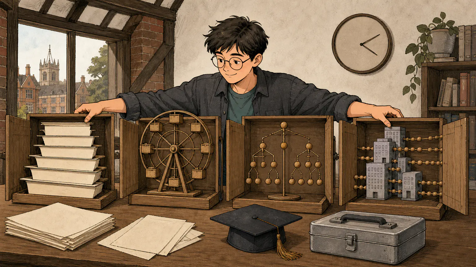 Forest uncovers a dormant contest workshop beside thesis and internship props as folder steps, a wheel, a family tree and balanced buildings restart
