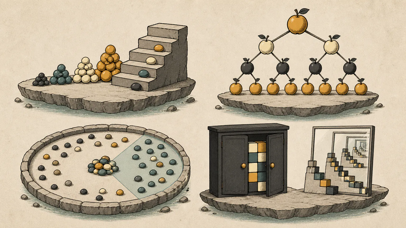 One threshold step matches the stones above it, alternating tree levels order dark and pale fruit, a circular viewing sector covers the most points and a folded bit machine opens after the contest