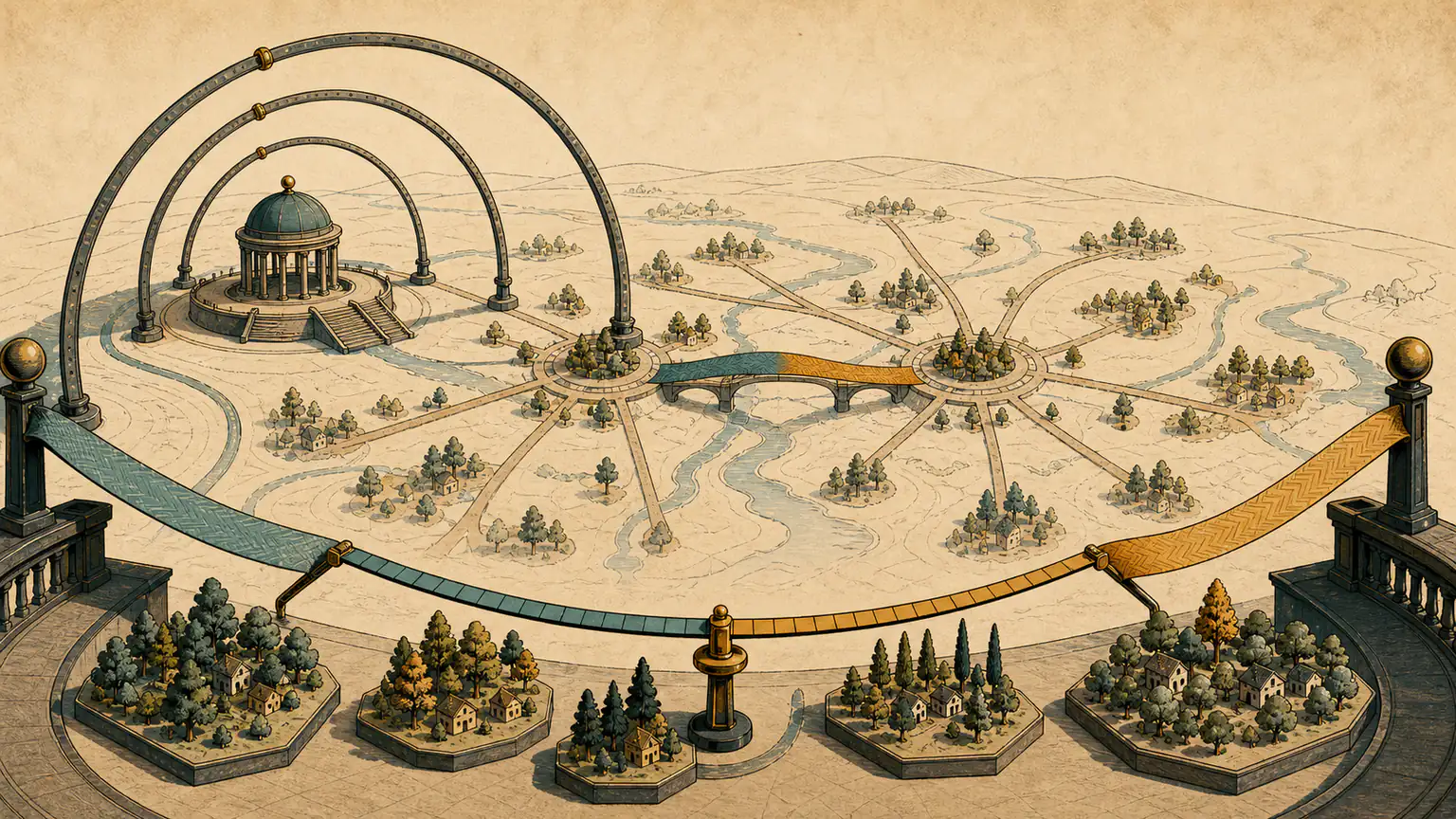 A civic observatory layers nested hoops, road hubs, a mirrored splice ribbon and tree neighbourhoods measured end to end
