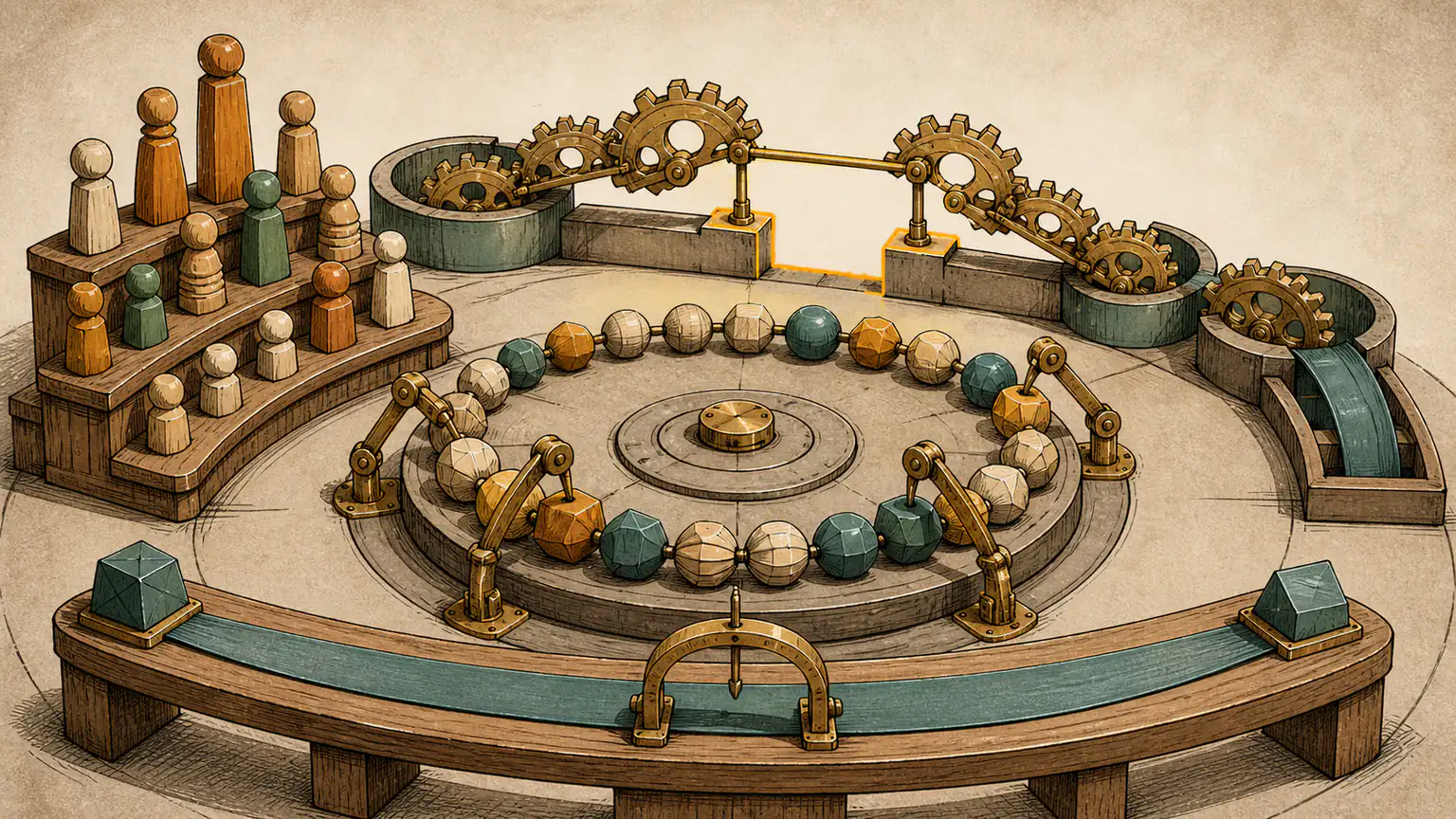 A circular workshop measures matching endpoints, rotates a bead necklace, arranges a balanced team and links stations through factor gears