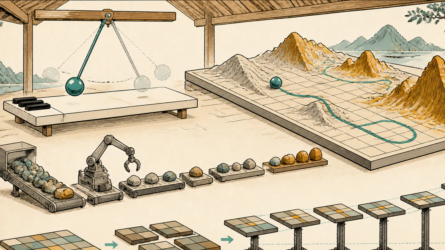 A relief workshop times a plain key, sorts arithmetic stepping stones, traces a gentle minimax path and lifts connected matrix tiles