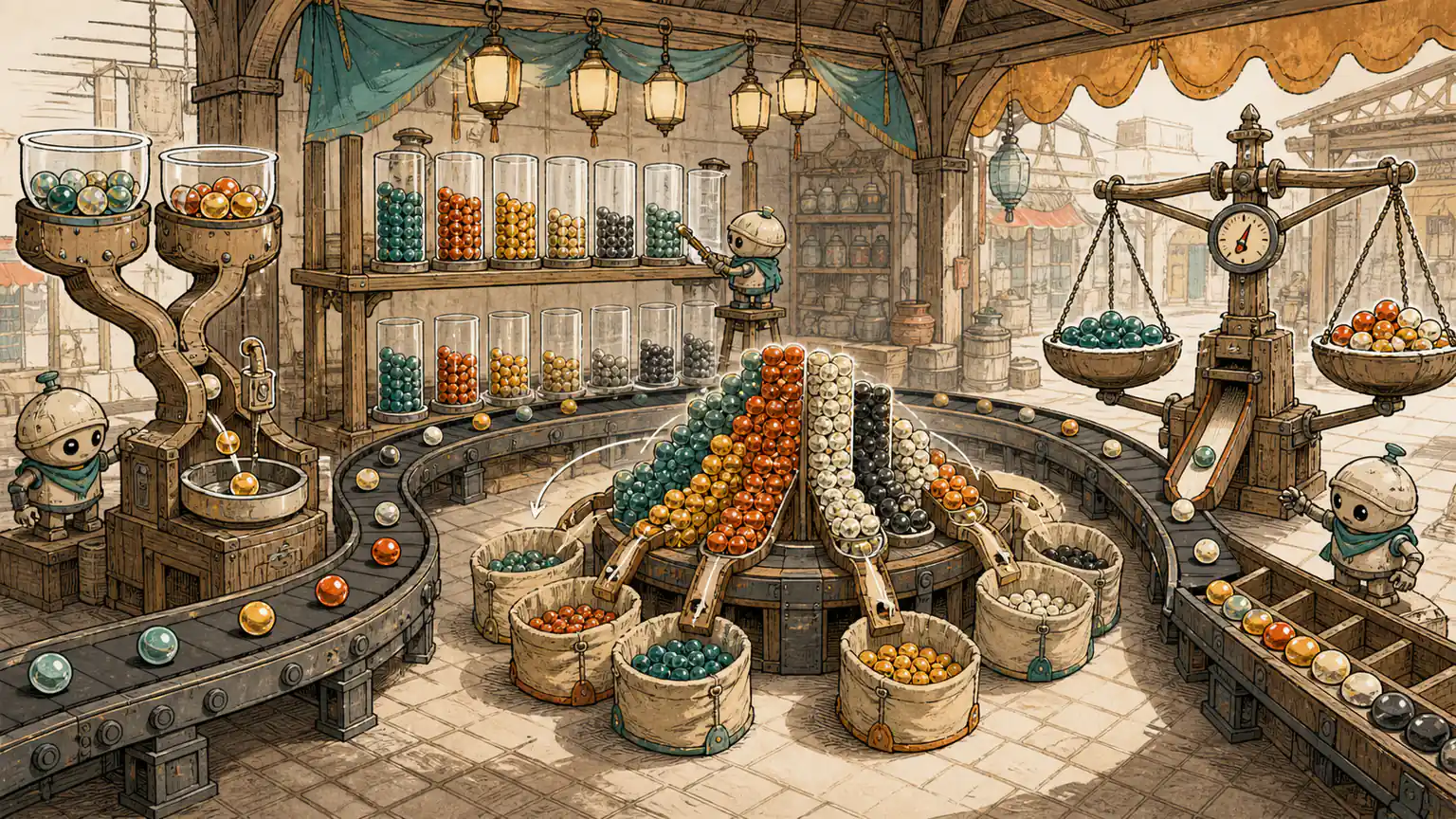 A marble market combines recurrence chutes, trims jars to unique levels, sells descending towers by layer and inserts balls through counting gates