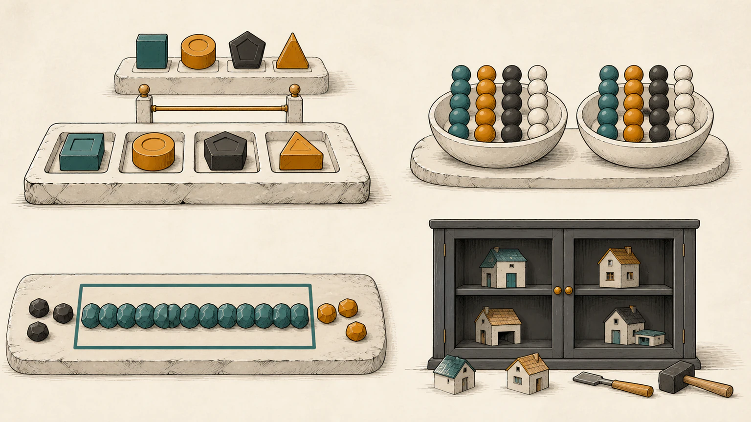 Ordered parcels wait for a pointer gate, two bead sets preserve matching frequencies, end stones are removed to keep the longest middle and the final grid-town cabinet stays closed